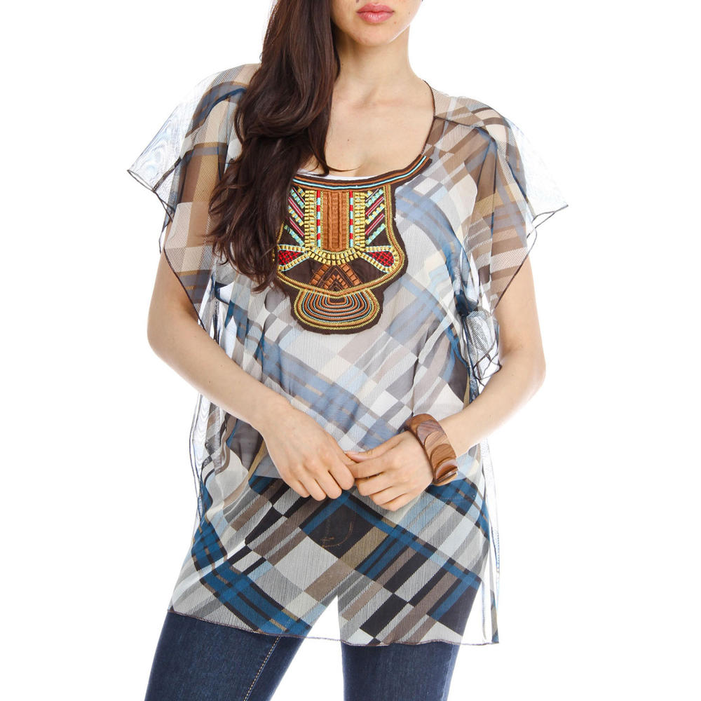 BLUE PLATE FASHION Blue Plate Women's Boho Blue & Brown Embroidered Mesh Top With Side Slits