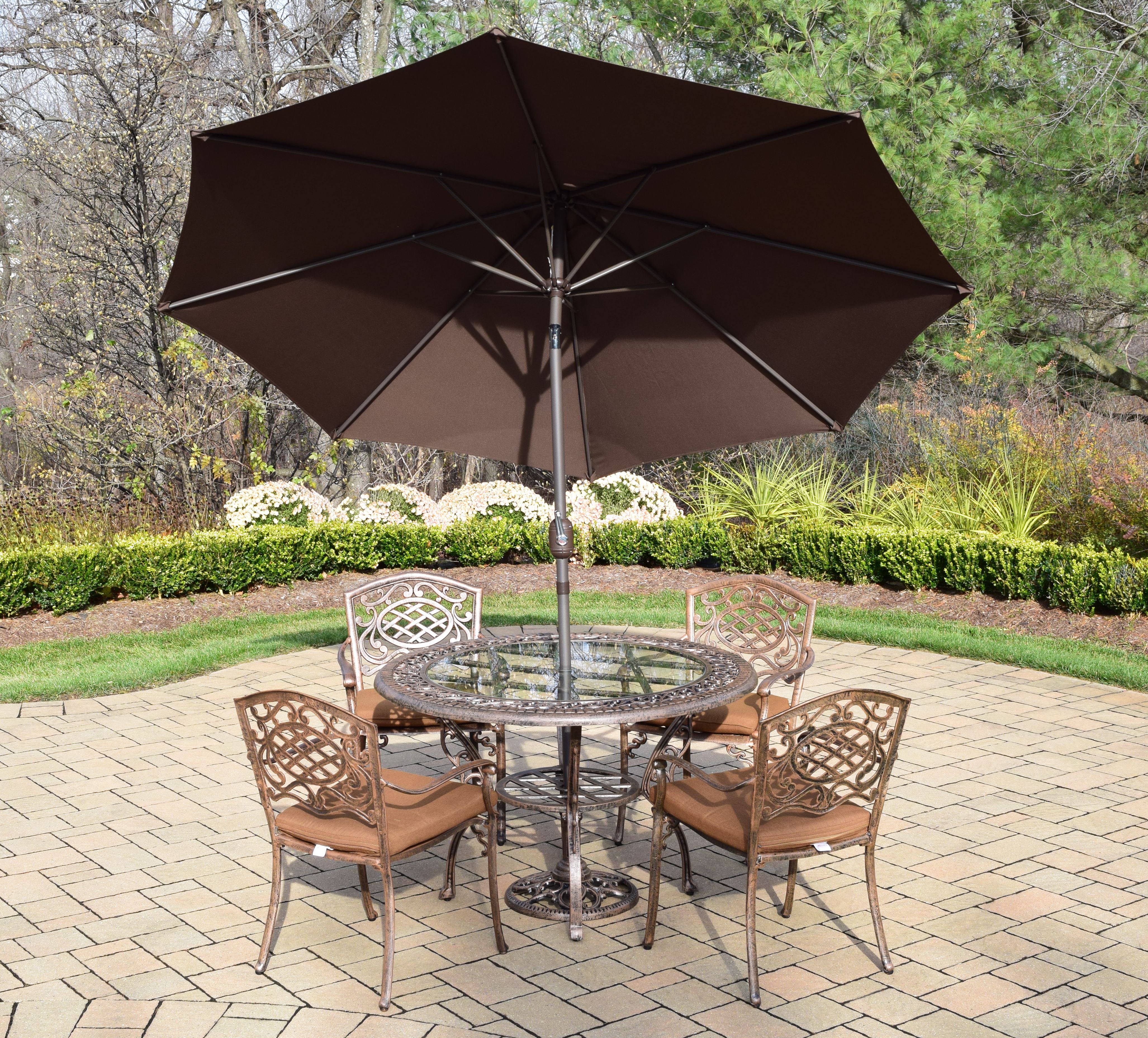 Oakland Living Cast Aluminum Patio Dining set w/ 48" Round Table, Sunbrella Cushioned Stackable Chairs, Umbrella & Stand