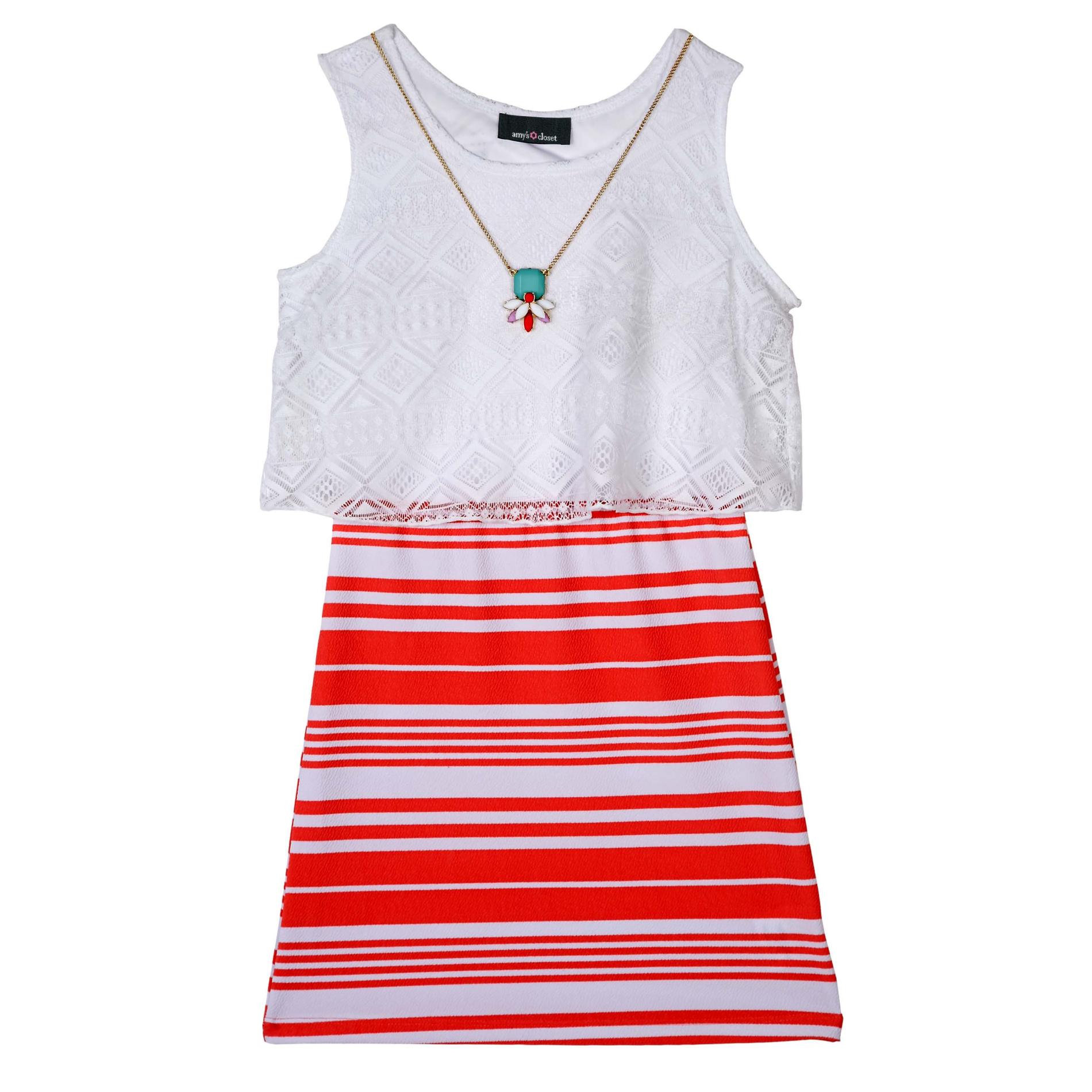Girl's Blouson Dress & Pendant Necklace - Striped