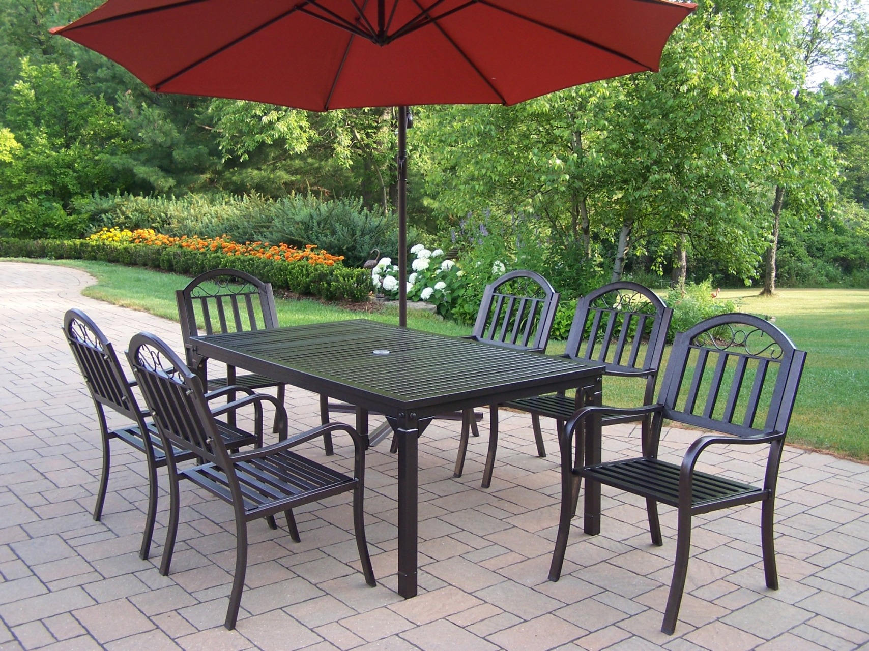 Oakland Living 8 Pc. Patio Dining Set w/ 67x40" rectangular Table, Chairs, Cantilever Umbrella & Base