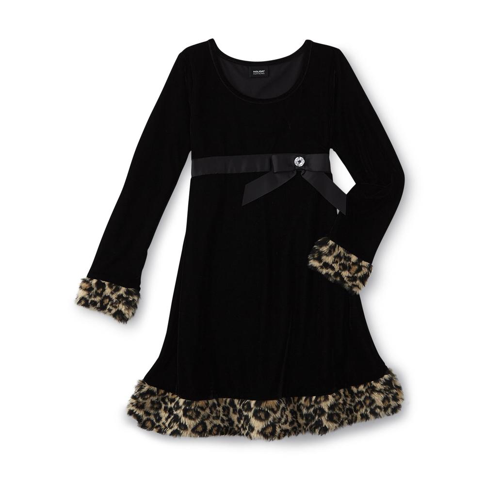 Girl's Velour Babydoll Dress - Leopard Trim
