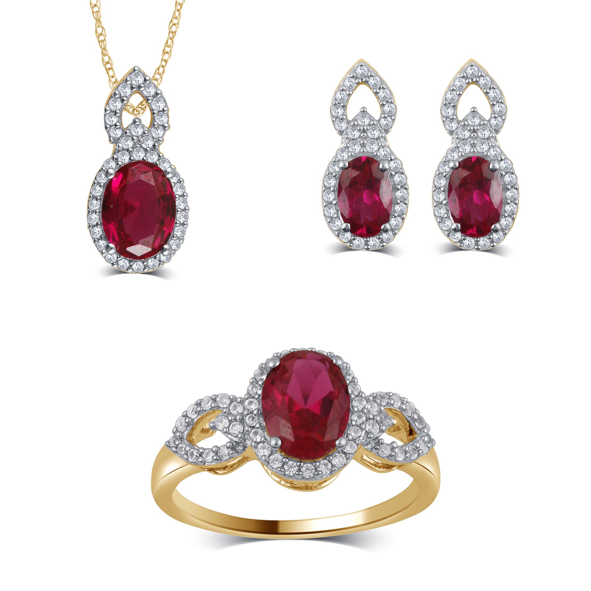 3 Piece Gold over Brass Oval Ruby Earring, Pendant and Ring Set
