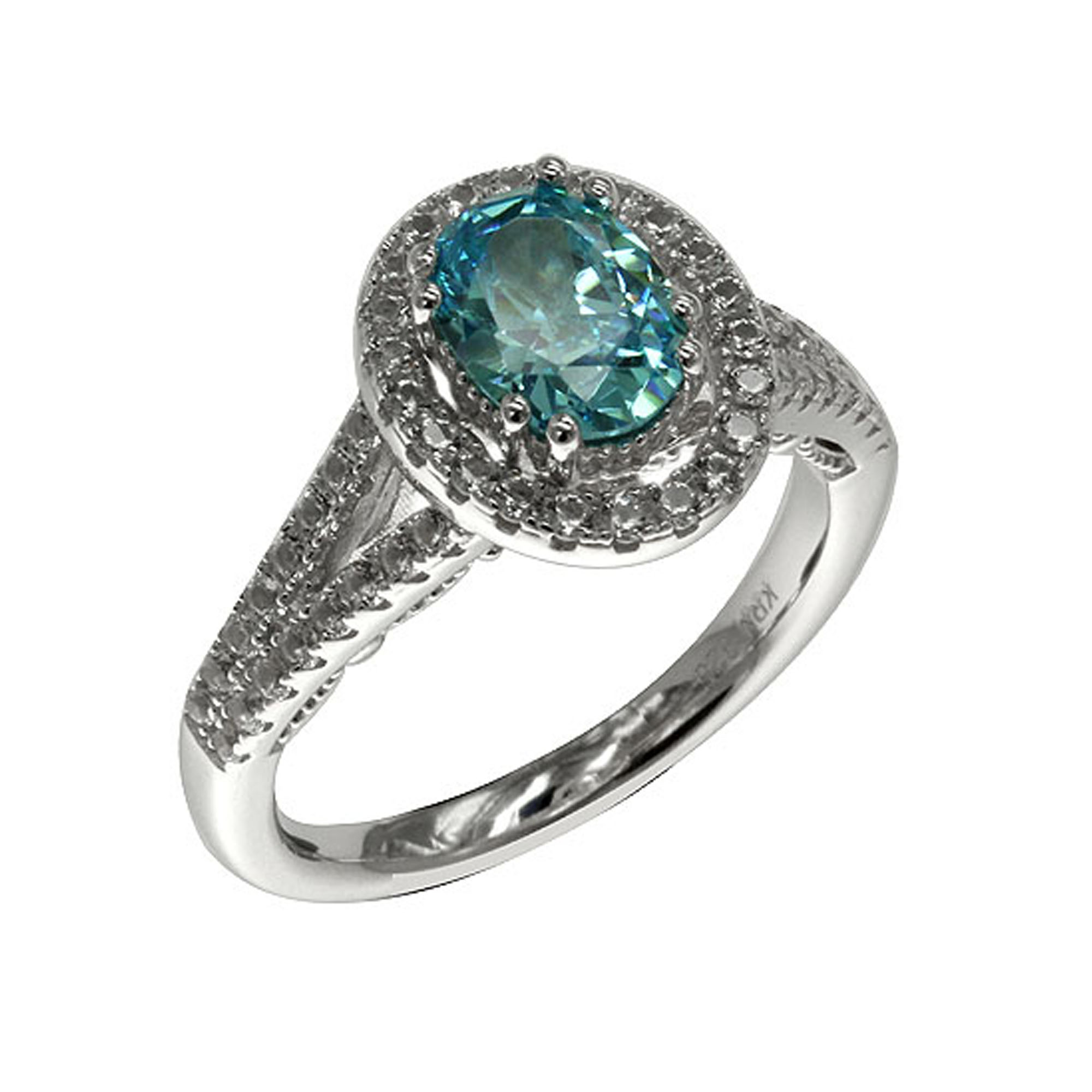 Center Created Aqua & Side Created White Sapphire Ring in Sterling Silver