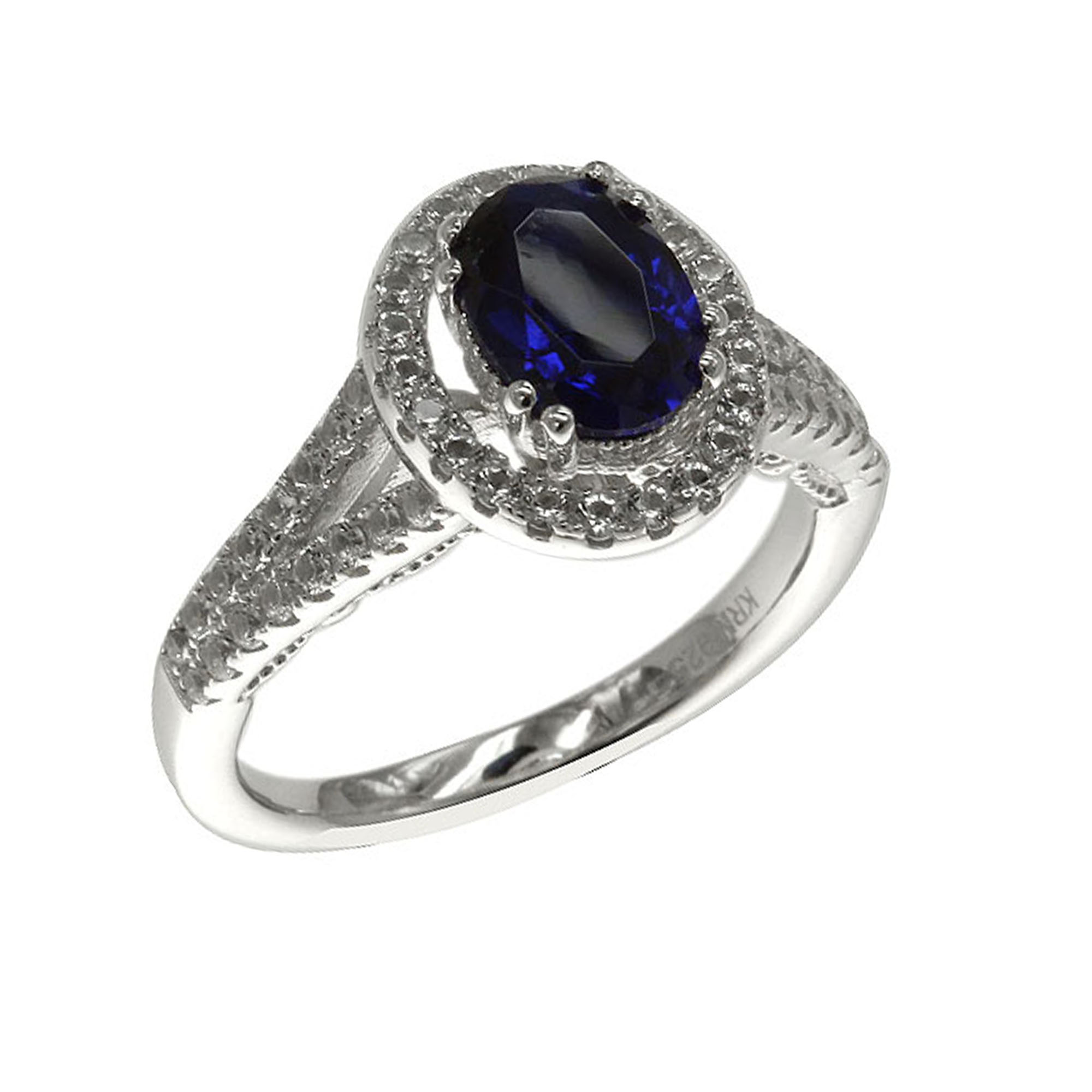 Center Created Blue Sapphire  & Side Created White Sapphire Ring in Sterling Silver