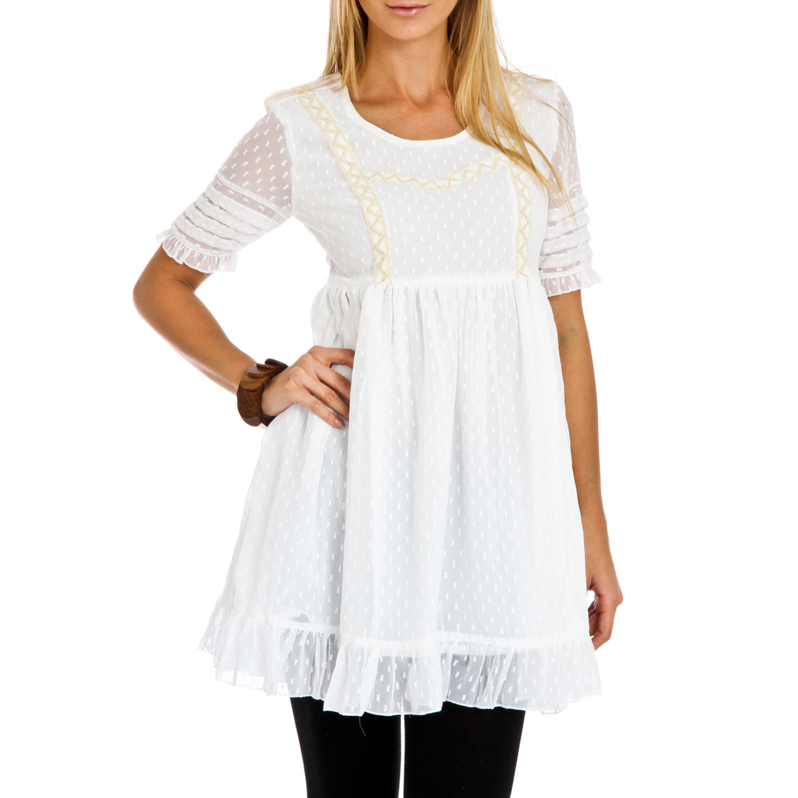 BLUE PLATE FASHION Women's White Ivory Embroidered Babydoll Dress