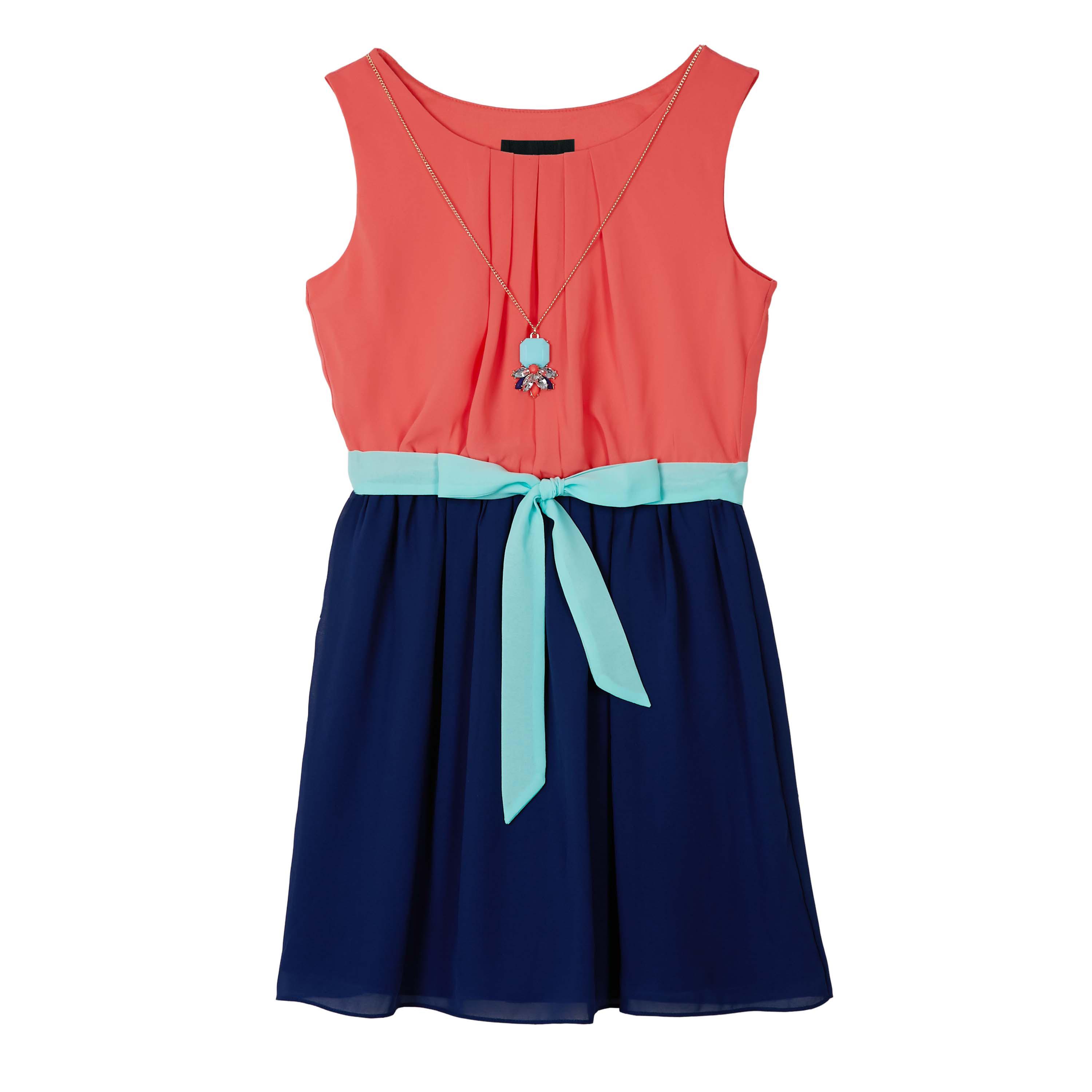 Girl's Plus Sleeveless Dress & Pendant Necklace - Colorblock