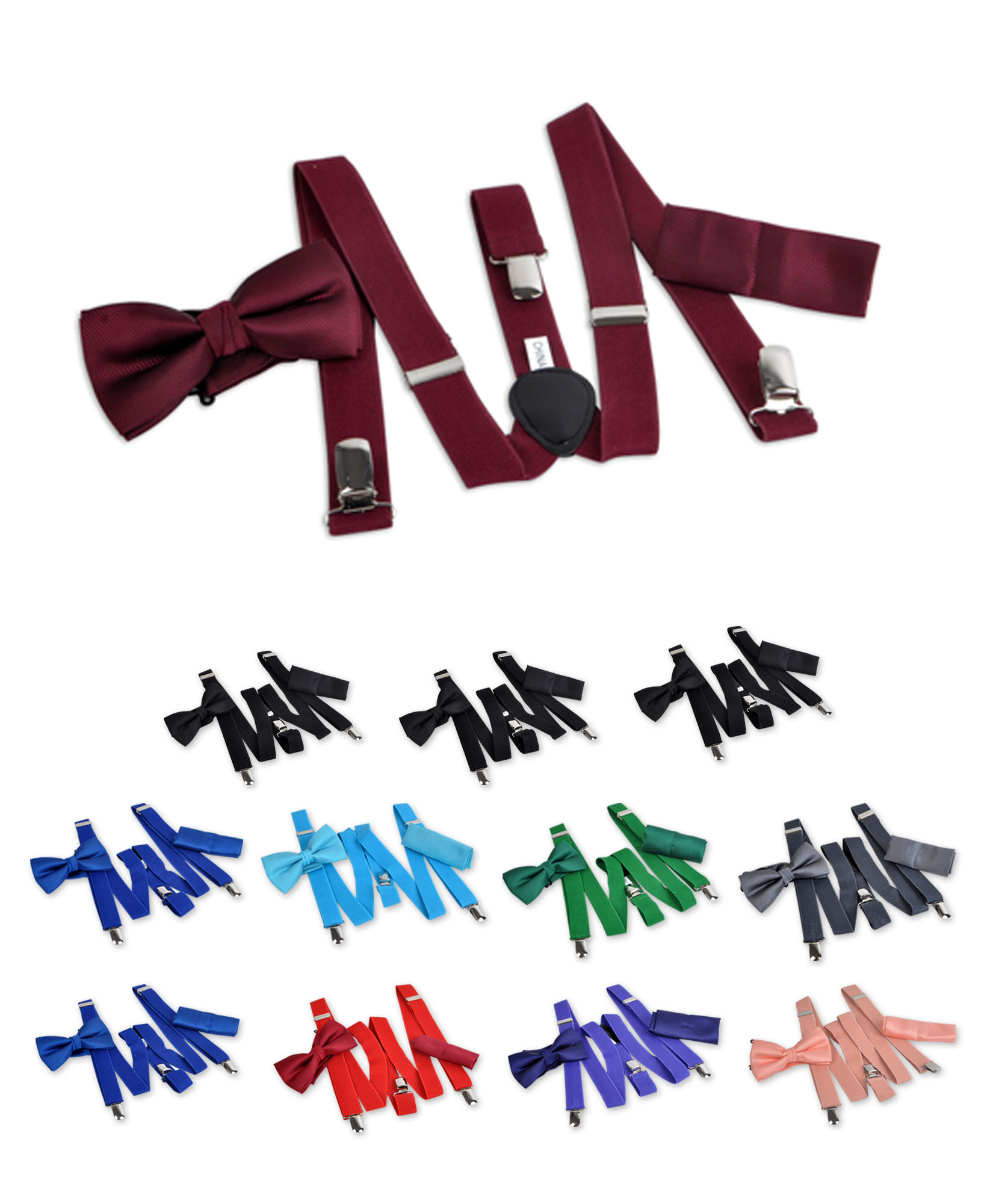 12Pc Assorted Y Back Design Color Elastic Suspenders, Solid Bow Tie & Hanky Sets
