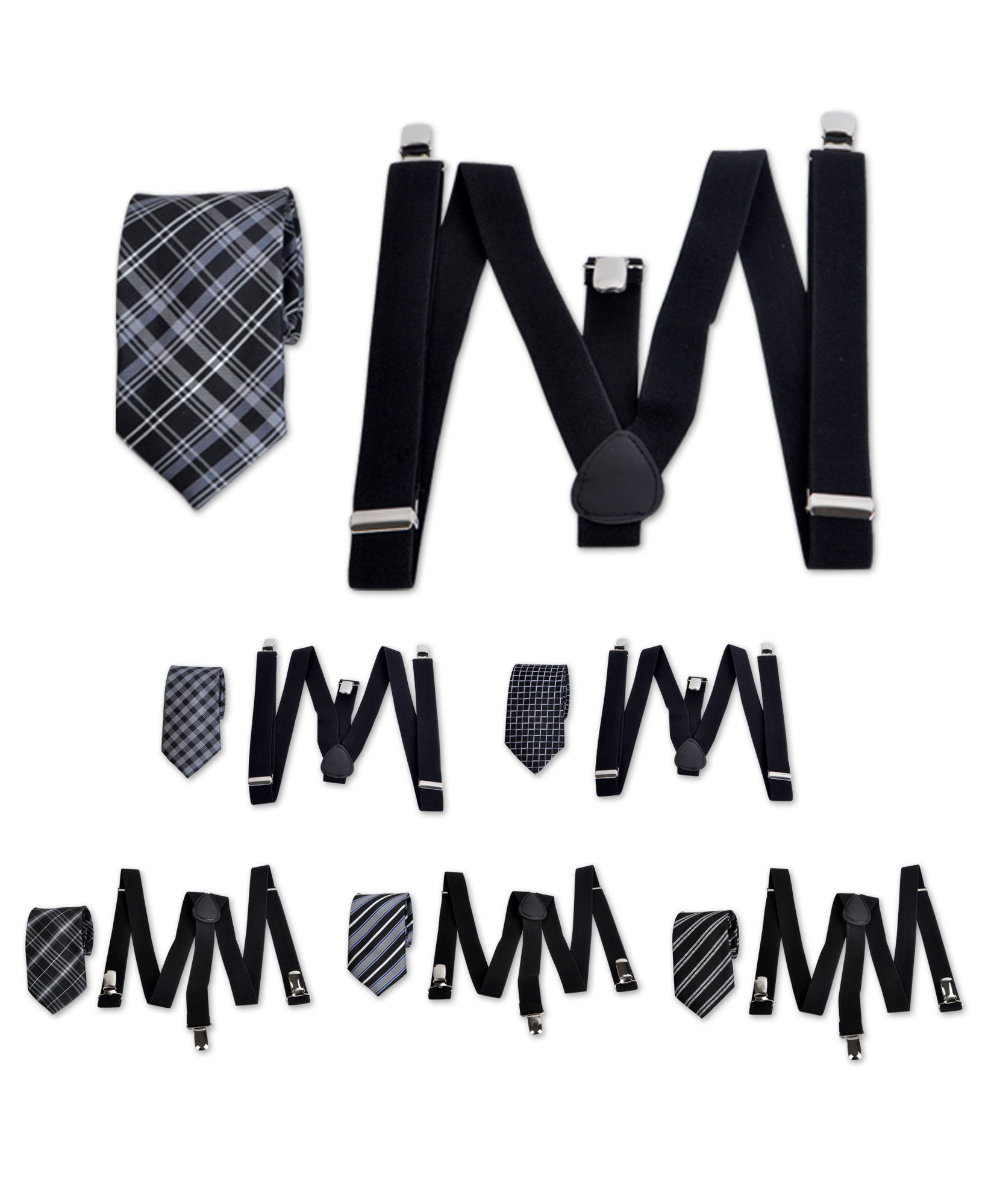 Unisex Y Back Design Black Elastic Suspenders & Plaid Necktie Set