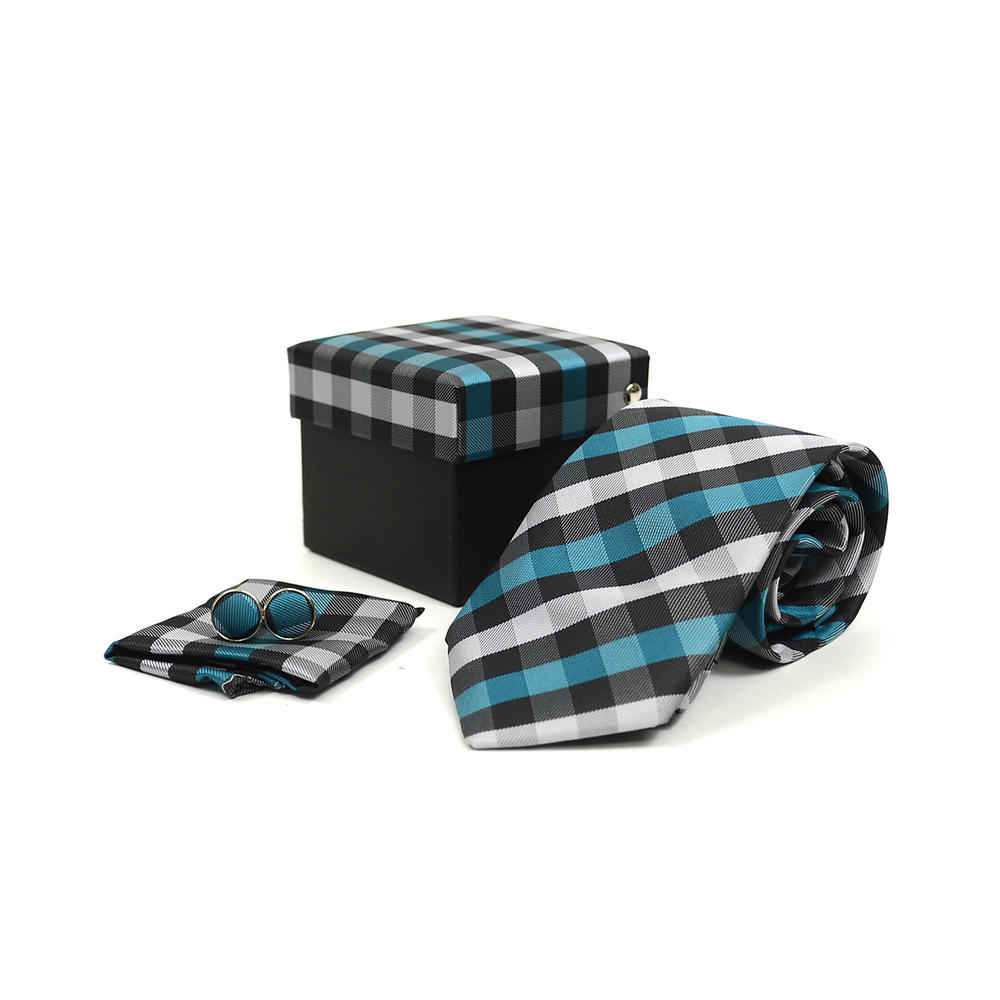 12Pc Assorted Pack: Plaid Pattern Necktie with Matching Hanky & Cufflinks Set