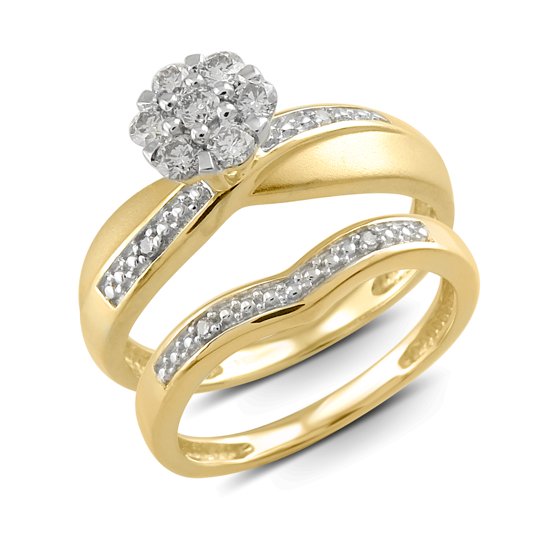 10K Yellow Gold .25 CTTW Certified Round Cluster Diamond Satin Finish 2 Piece Bridal Ring Set