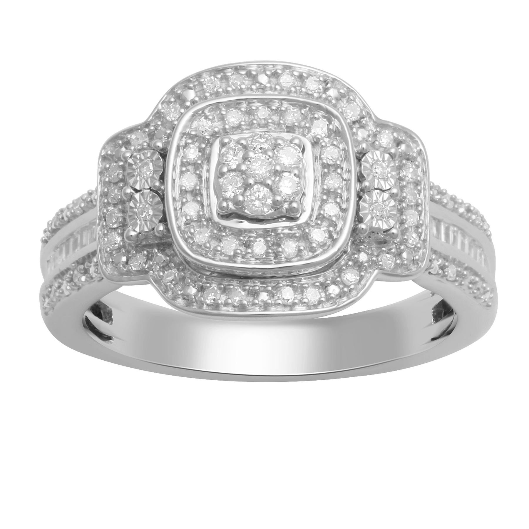 Eternal Treasures 1/4 CT. T.W. Cushion-Baguette & Round Cut Diamond Engagement Ring in Sterling Silver