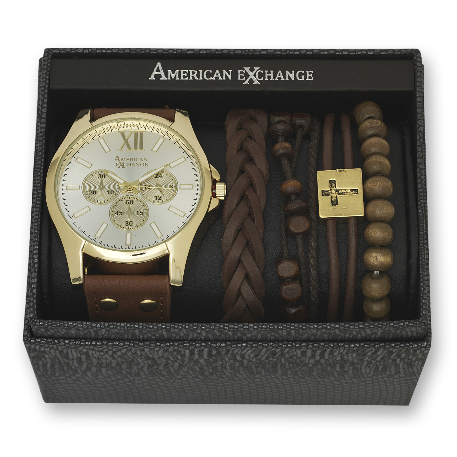 American Exchange Men's Gold and White Dial Watch and Bracelet Set
