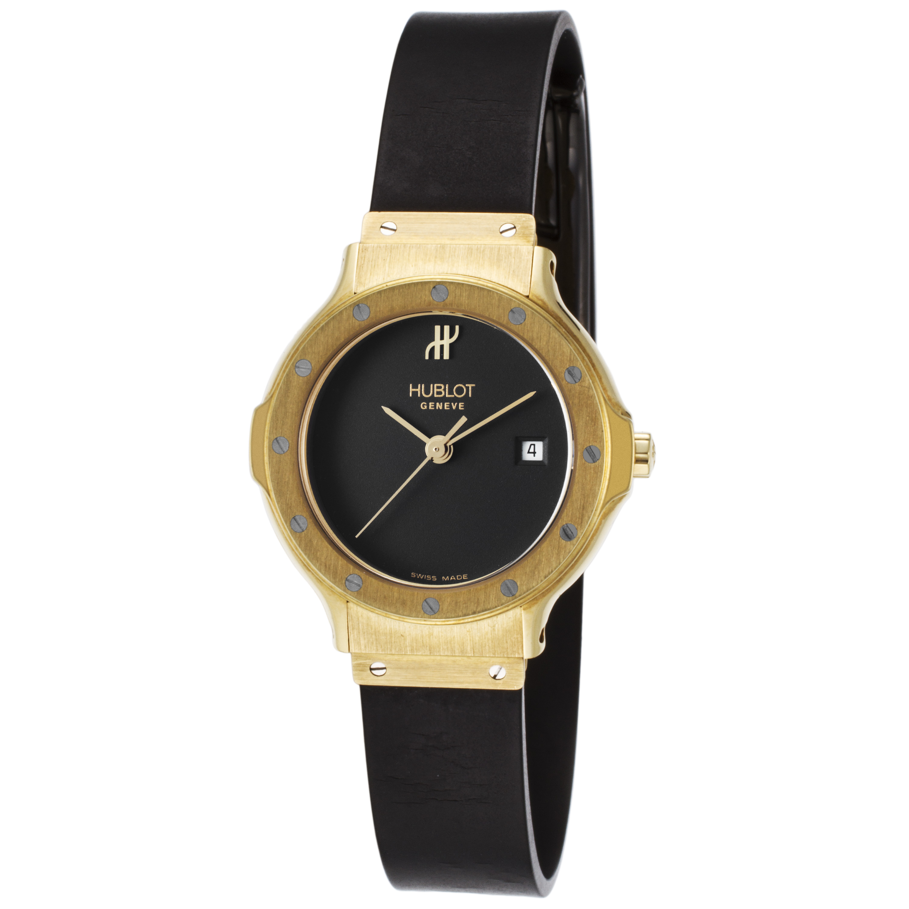 Pre-Owned Hublot Women's Classic Black Rubber and Dial 18K Yellow Gold Case