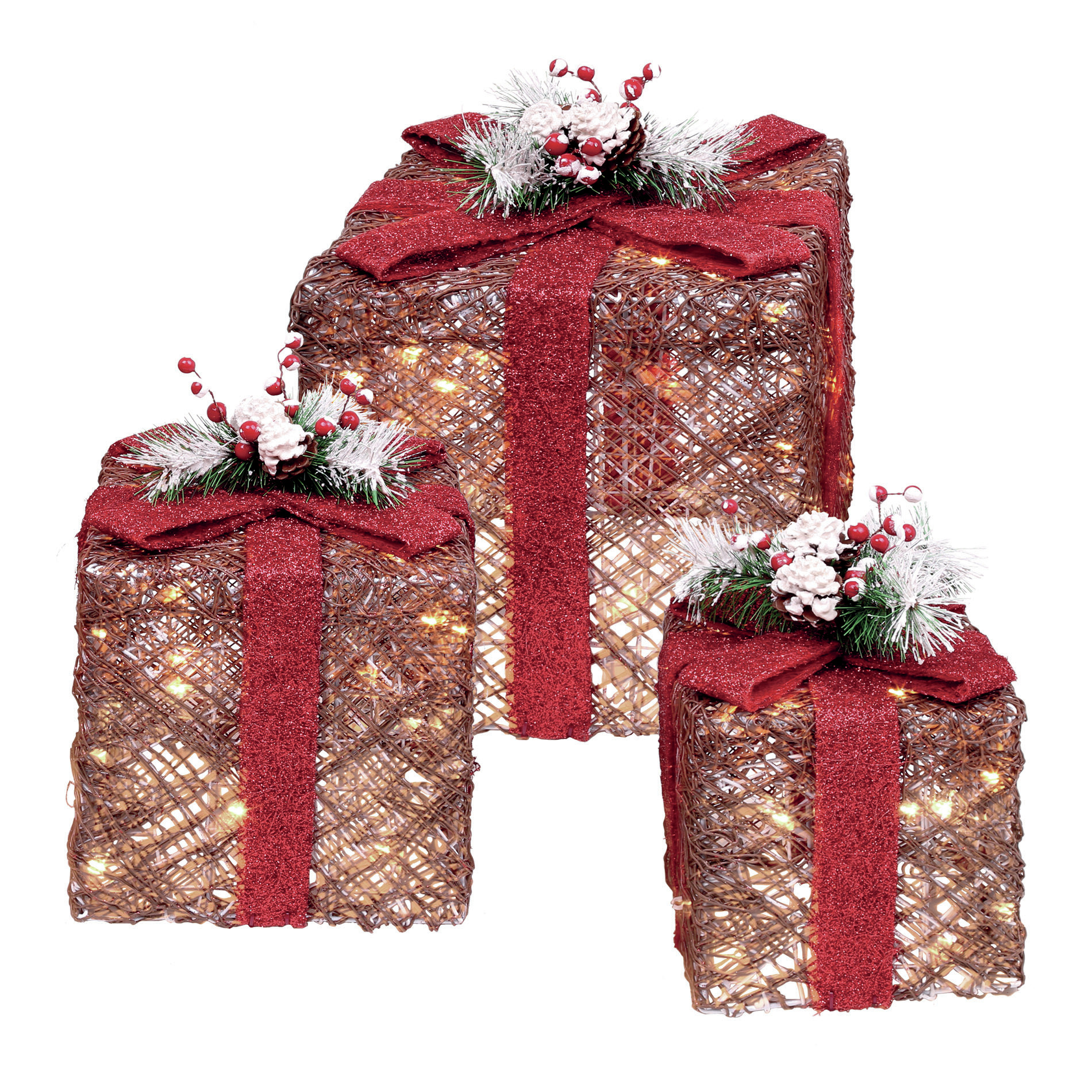 Trimming Traditions Set of 3 Christmas Gift Boxes with 60 LED Lights