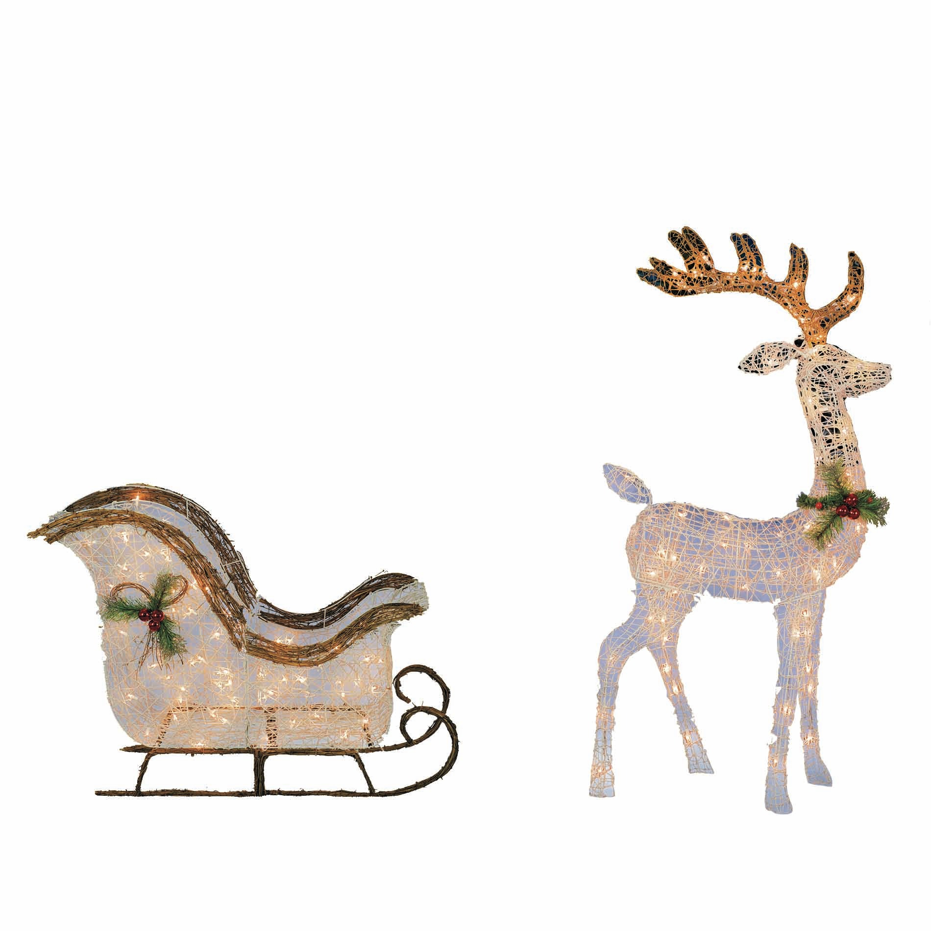 Set of 2 52" Deer and 40" Sleigh with 140 Clear Lights