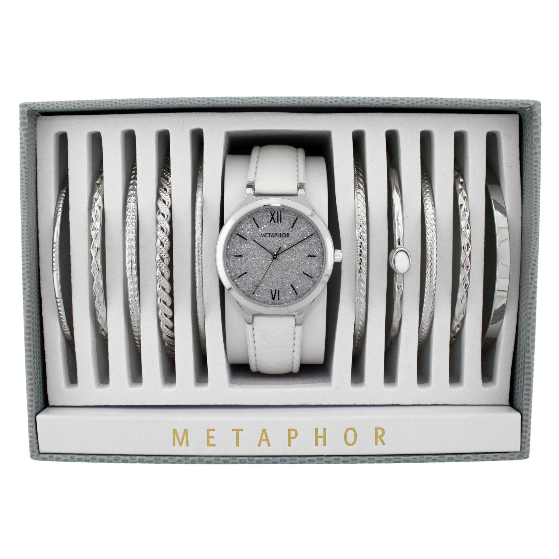 Metaphor 10 Piece Ladies White Strap Watch Set, Women's