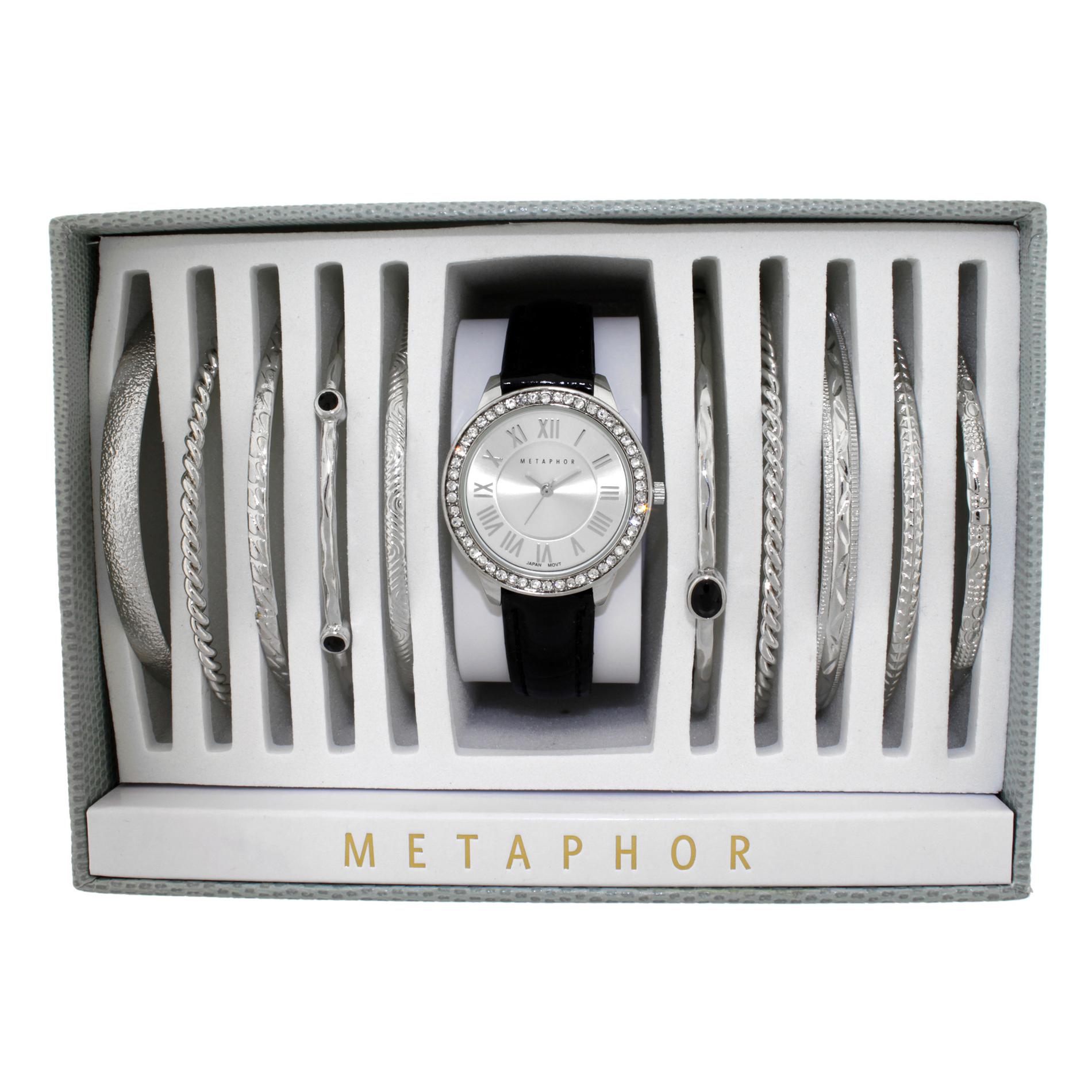 Metaphor 10 Piece Ladies Black Strap Watch Set, Women's