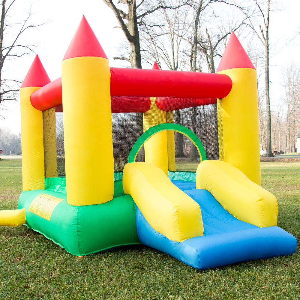 Hey! Play! Inflatable Castle Bounce House with Slide and Hoop