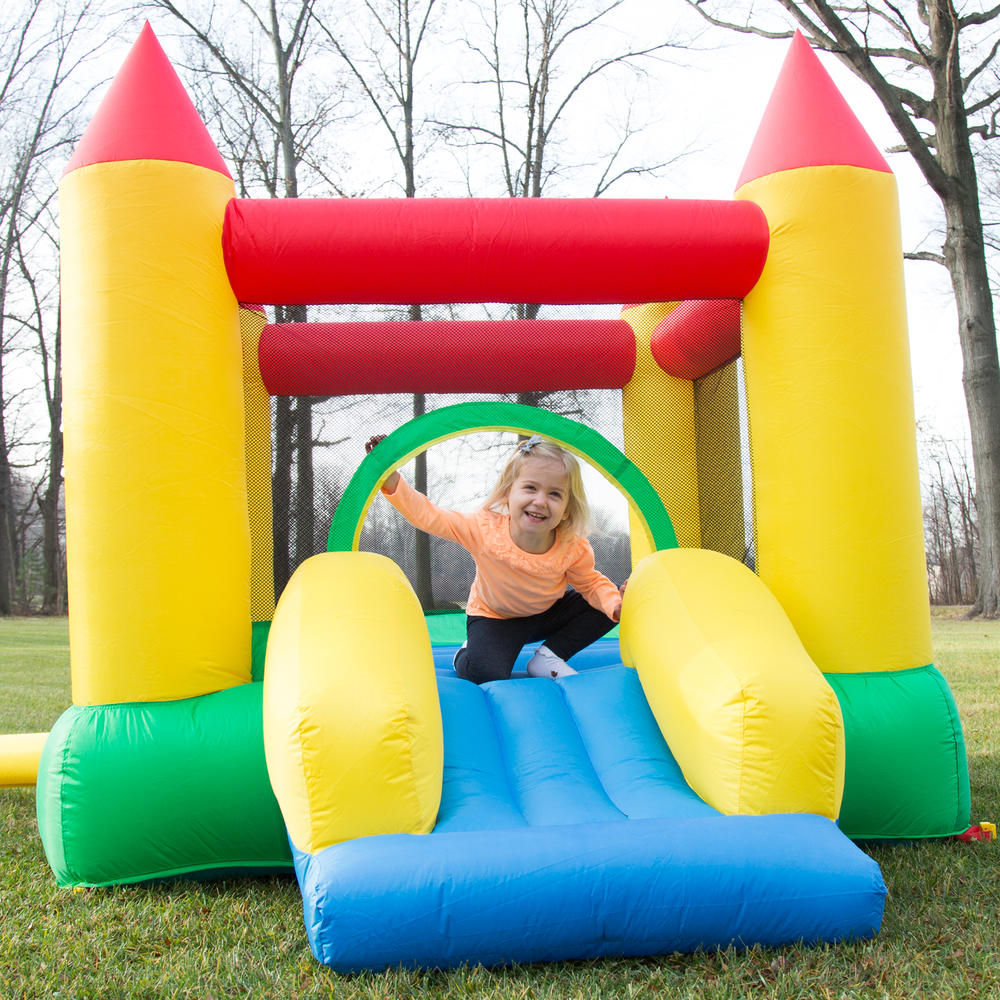 Hey! Play! Inflatable Castle Bounce House with Slide and Hoop