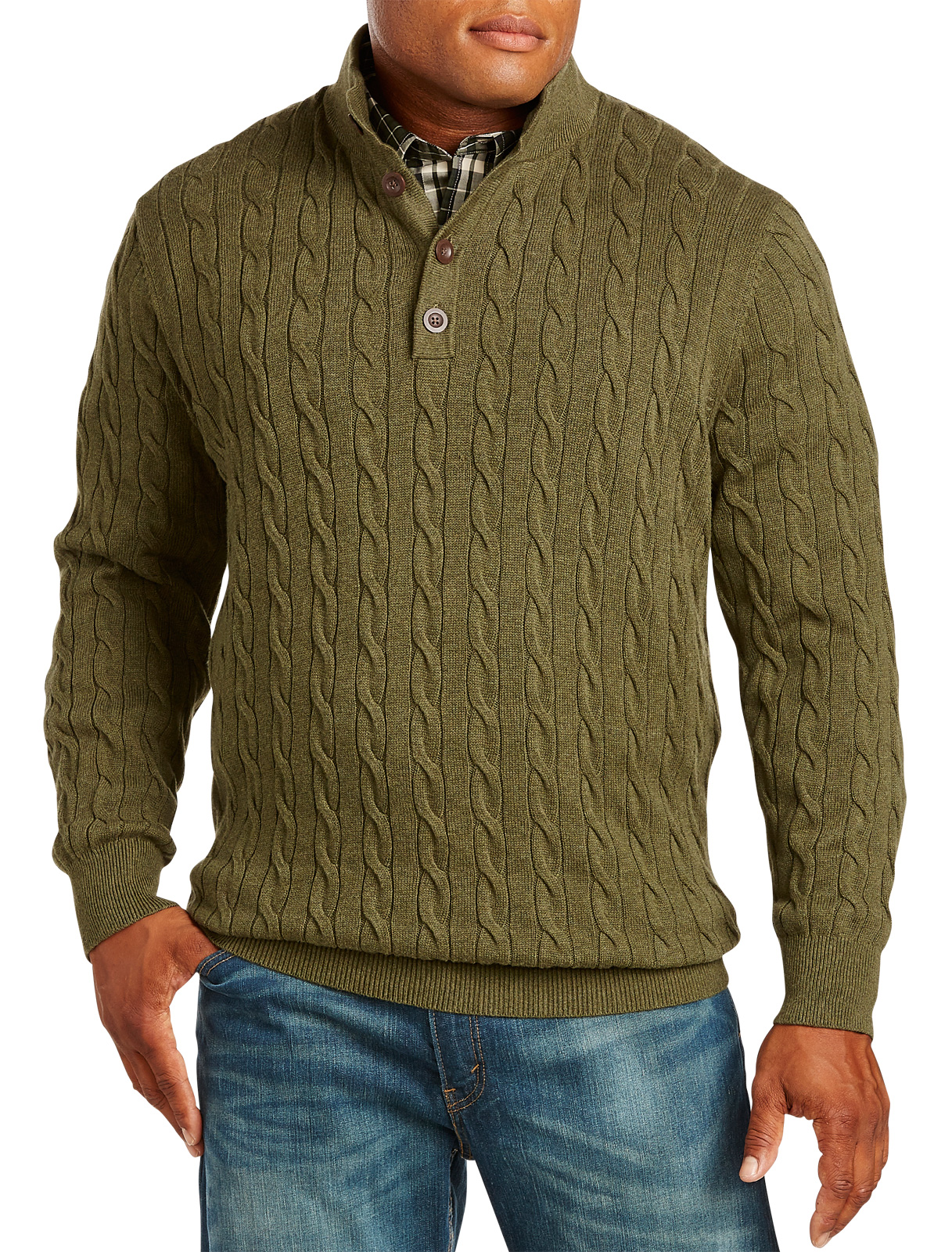 Oak Hill Men's Big and Tall Button-Mock Neck Cableknit Sweater