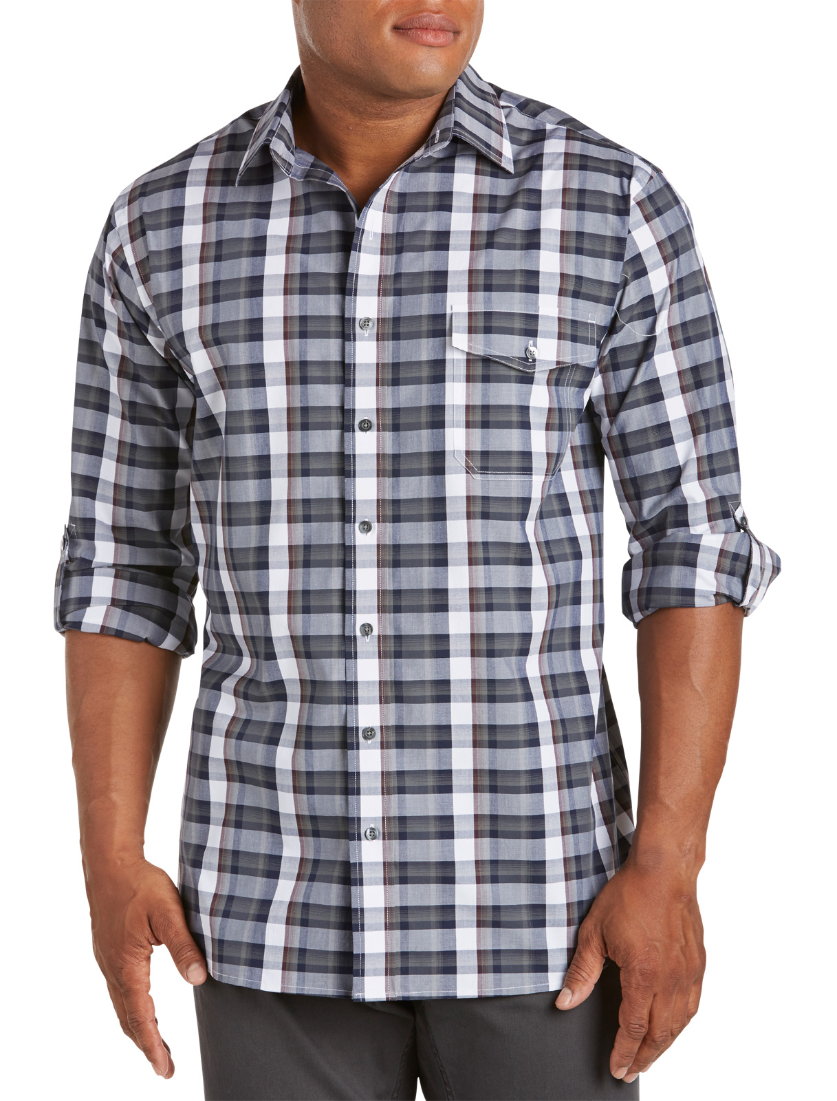 Synrgy Men's Big and Tall Medium Plaid Roll-Sleeve Sport Shirt