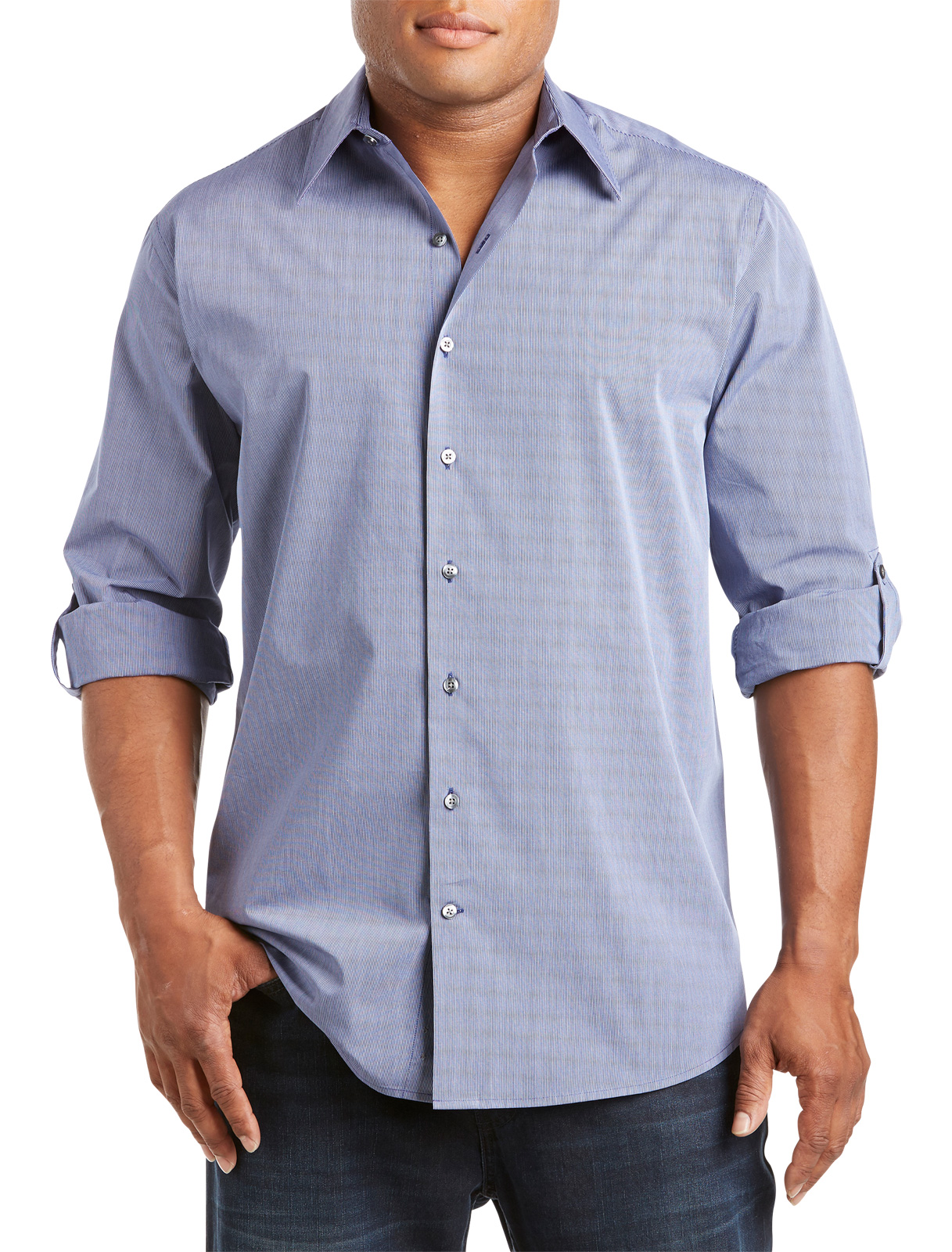 Synrgy Men's Big and Tall Roll-Sleeve Stripe Sport Shirt