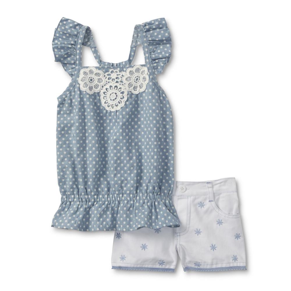 Toddler Girl's Crochet Lace Top & Denim Shorts - Polka Dot