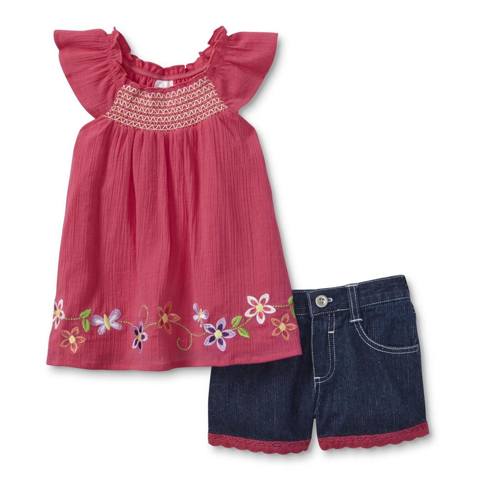Toddler Girl's Smocked Tunic Top & Jean Shorts - Floral