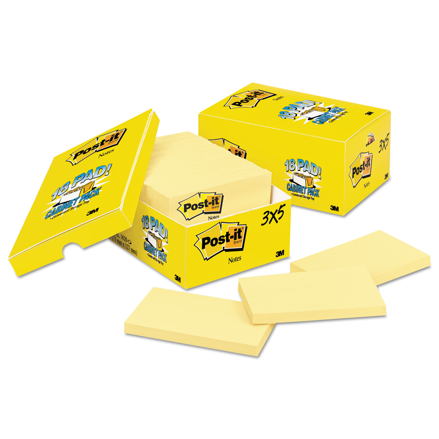 Post-it Notes MMM65518CP Original Pads in Canary Yellow, Cabinet Pack, 3 x 5, 90-Sheet, 18/Pack