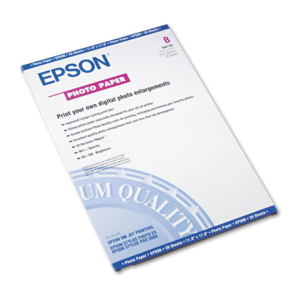 Epson Glossy Photo Paper, 60 lbs., Glossy, 11 x 17, 20 Sheets/Pack