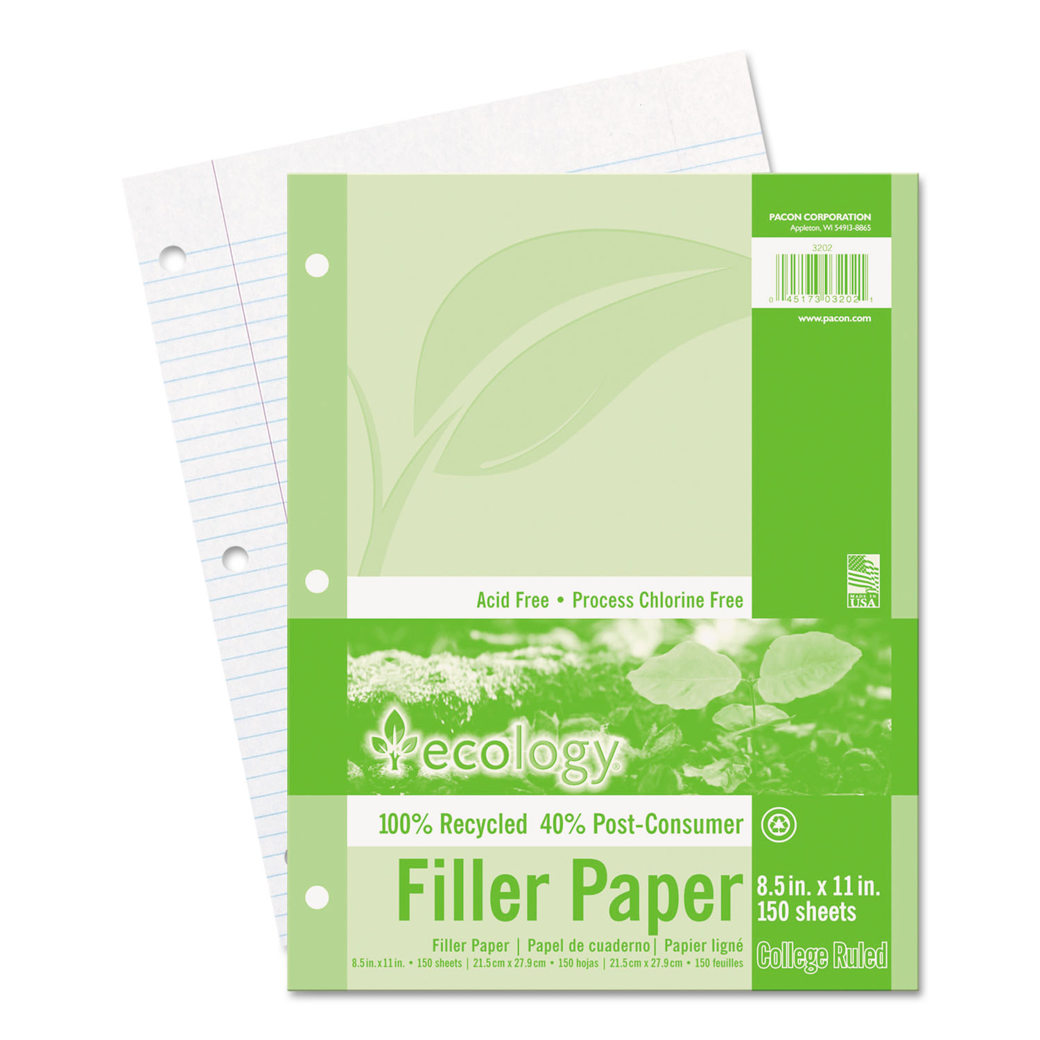 Pacon Ecology Filler Paper, 8-1/2 x 11, College Ruled, 3-Hole Punch, WE, 150 Sheets/PK