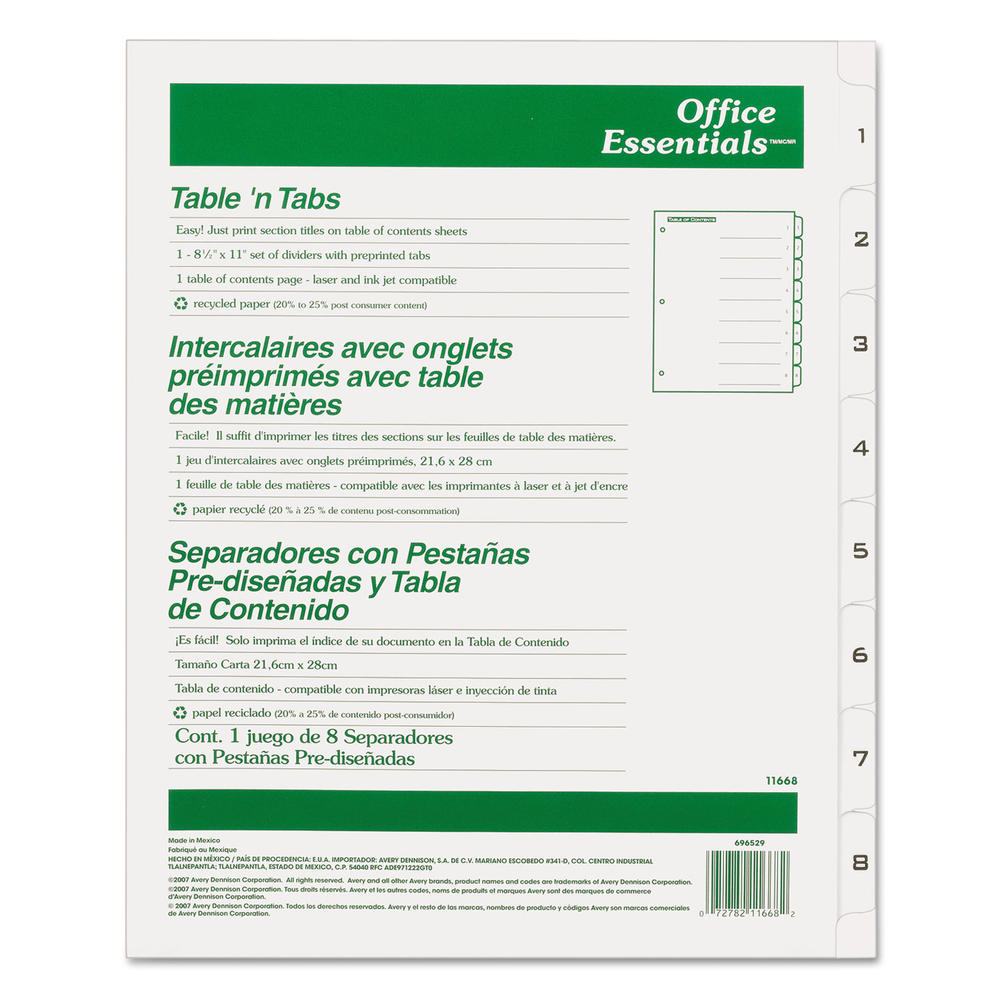 Office Essentials Table 'n Tabs Dividers, 8-Tab, Letter