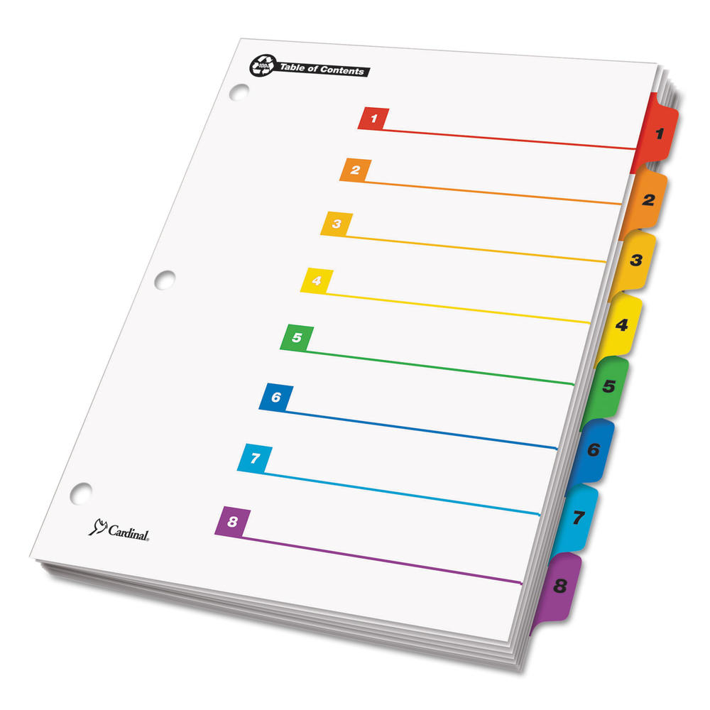 Cardinal OneStep 100% Recycled Index System, Multicolor 8-Tab, 11 x 8-1/2, 1 Set