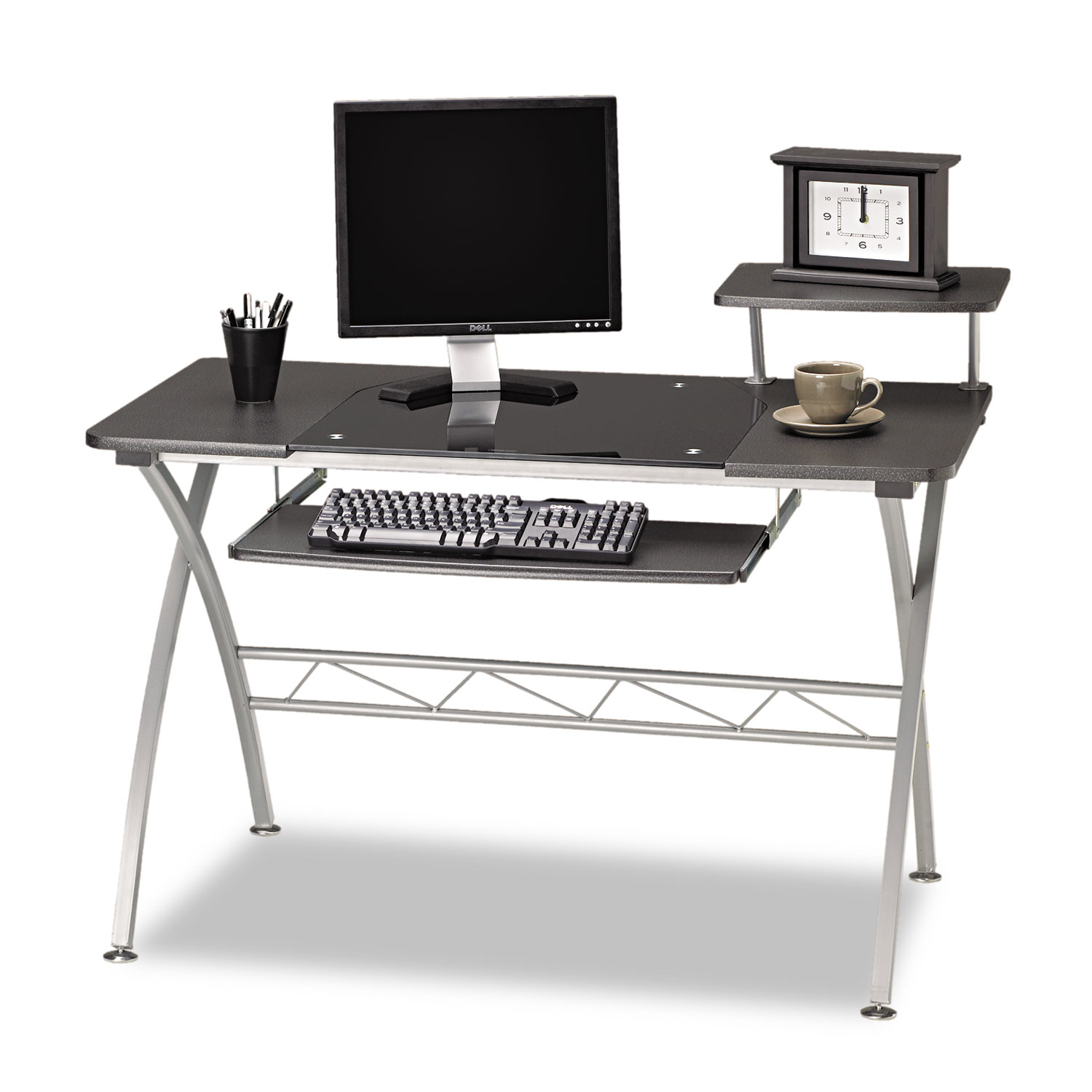 Mayline Eastwinds Vision Computer Desk- 47-1/4w x 27d x 34h- Anthracite with Black Glass- Silver Mayline Eastwinds Vision Computer Desk- 47-1/4w x 27d x 34h- Anthracite with Black Glass- Silver