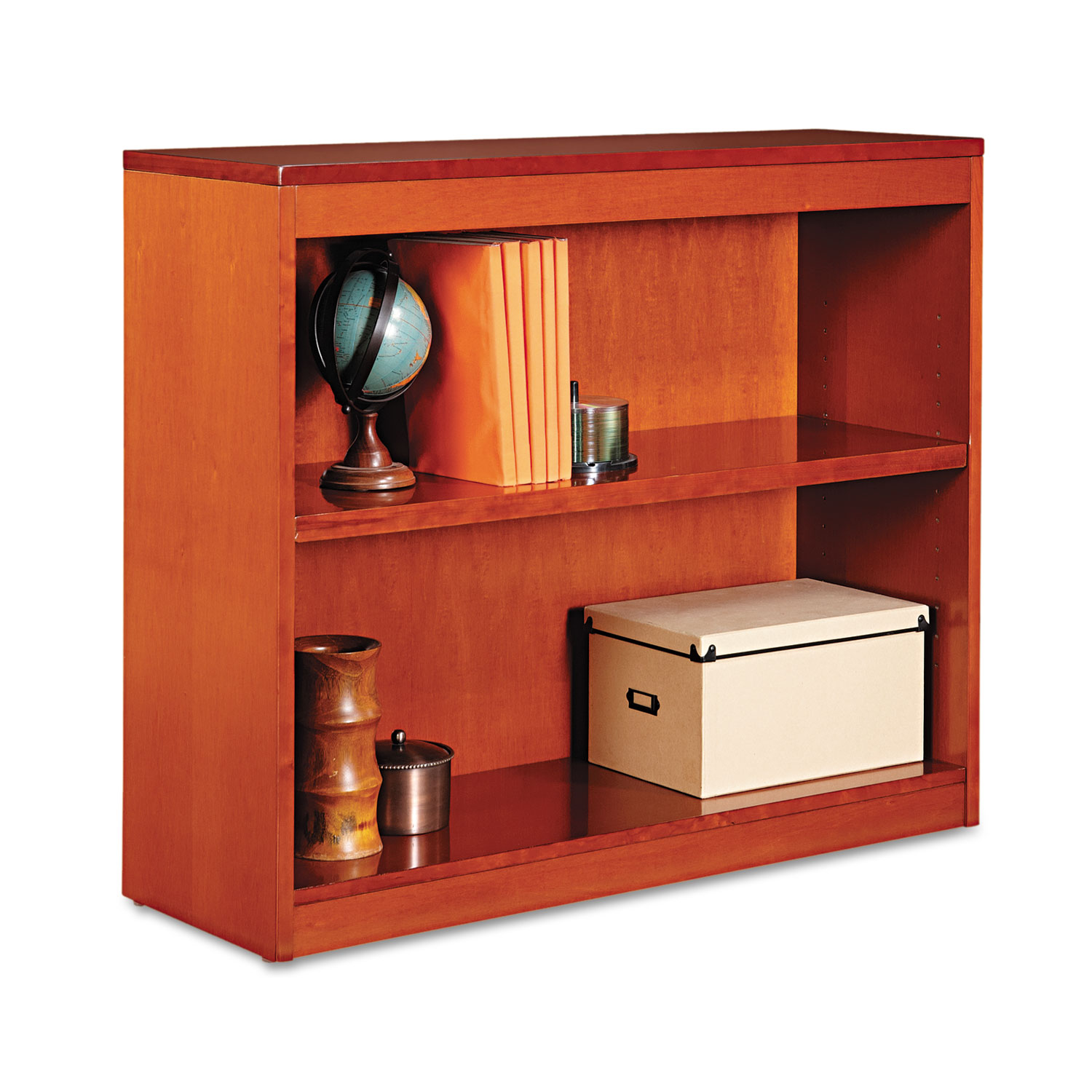 Alera Square Corner Wood Bookcase, Two-Shelf, 35-5/8w x 11-3/4d x 30h, Medium Cherry