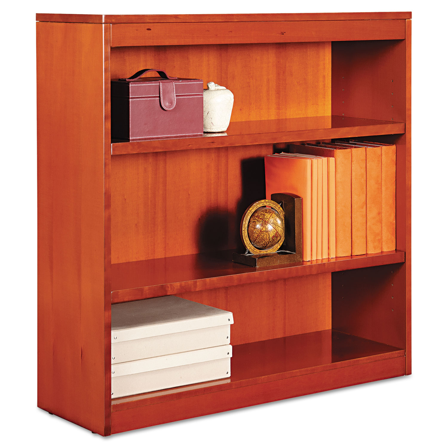 Alera Square Corner Wood Bookcase, Three-Shelf, 35-5/8 x 11-3/4 x 36, Medium Cherry