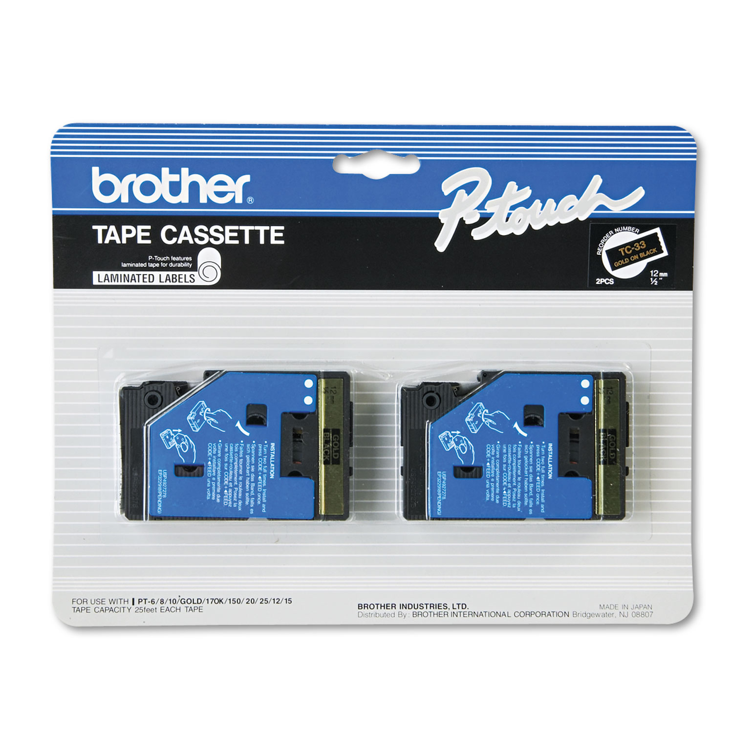 Brother BRTTC33 TC Tape Cartridges for P-Touch Labelers, 1/2"w, Gold on Black, 2/Pack