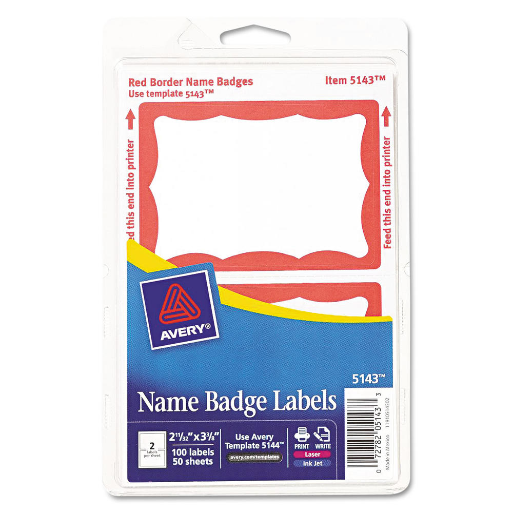 Printable Self-Adhesive Name Badges, 2 1/3 x 3 3/8, Red Border, 100/Pack