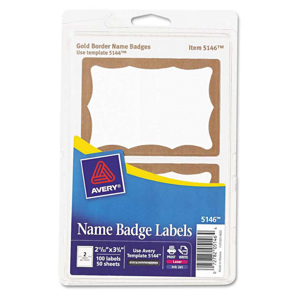 Printable Self-Adhesive Name Badges, 2 1/3 x 3 3/8, Gold Border, 100/Pack