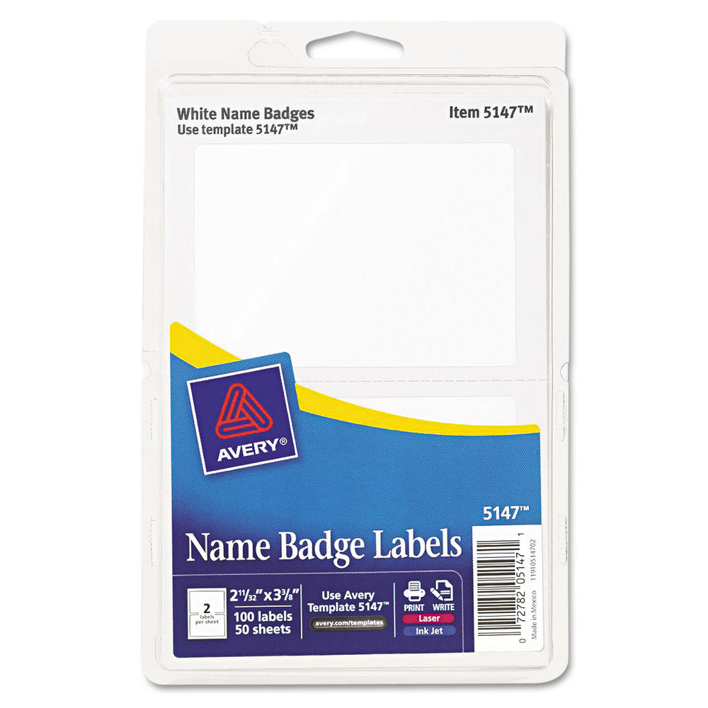 Printable Self-Adhesive Name Badges, 2 1/3 x 3 3/8, White, 100/Pack