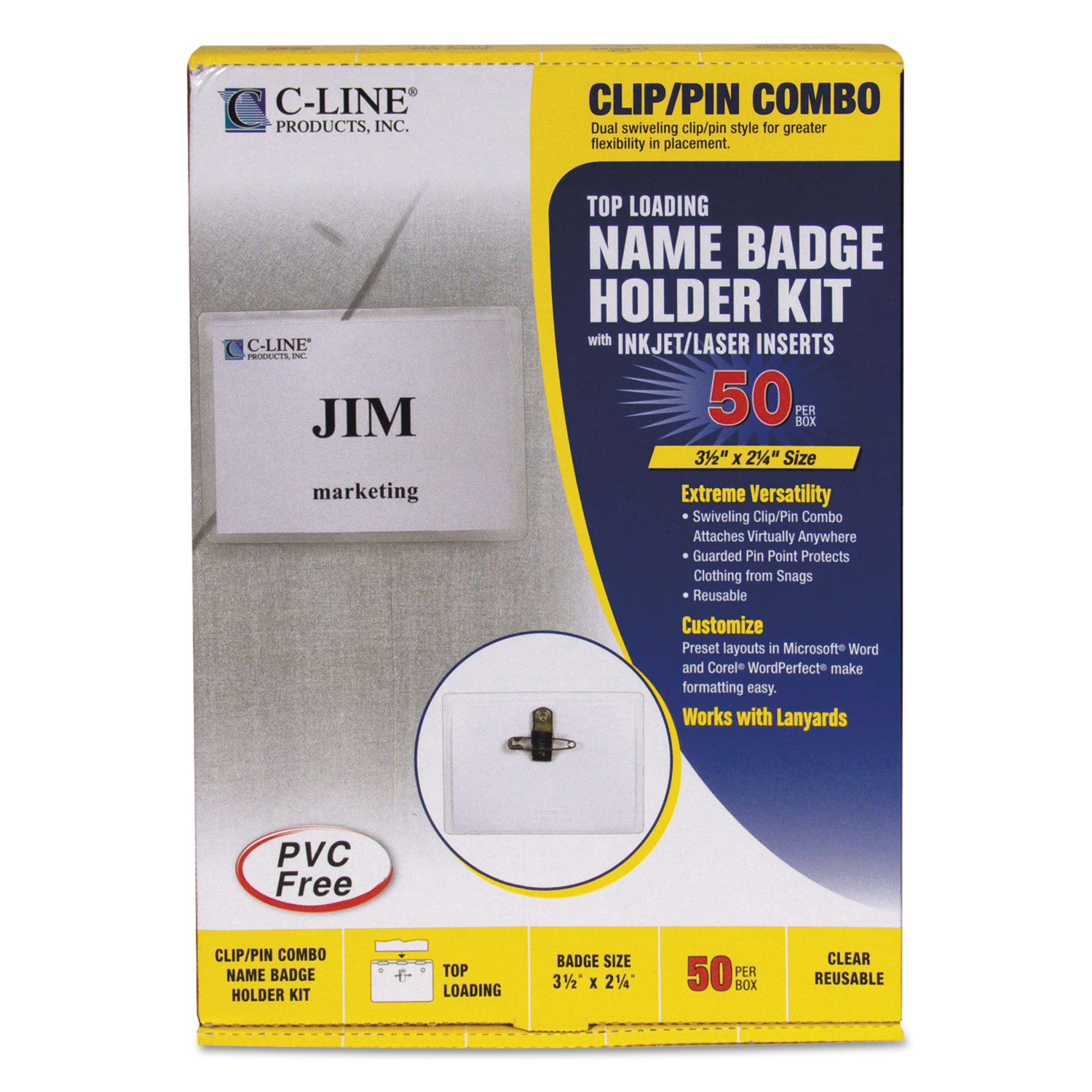 C-Line CLI95723 Name Badge Kits, Top Load, 3 1/2 x 2 1/4, Clear, Combo Clip/Pin, 50/Box C-Line CLI95723 Name Badge Kits, Top Load, 3 1/2 x 2 1/4, Clear, Combo Clip/Pin, 50/Box