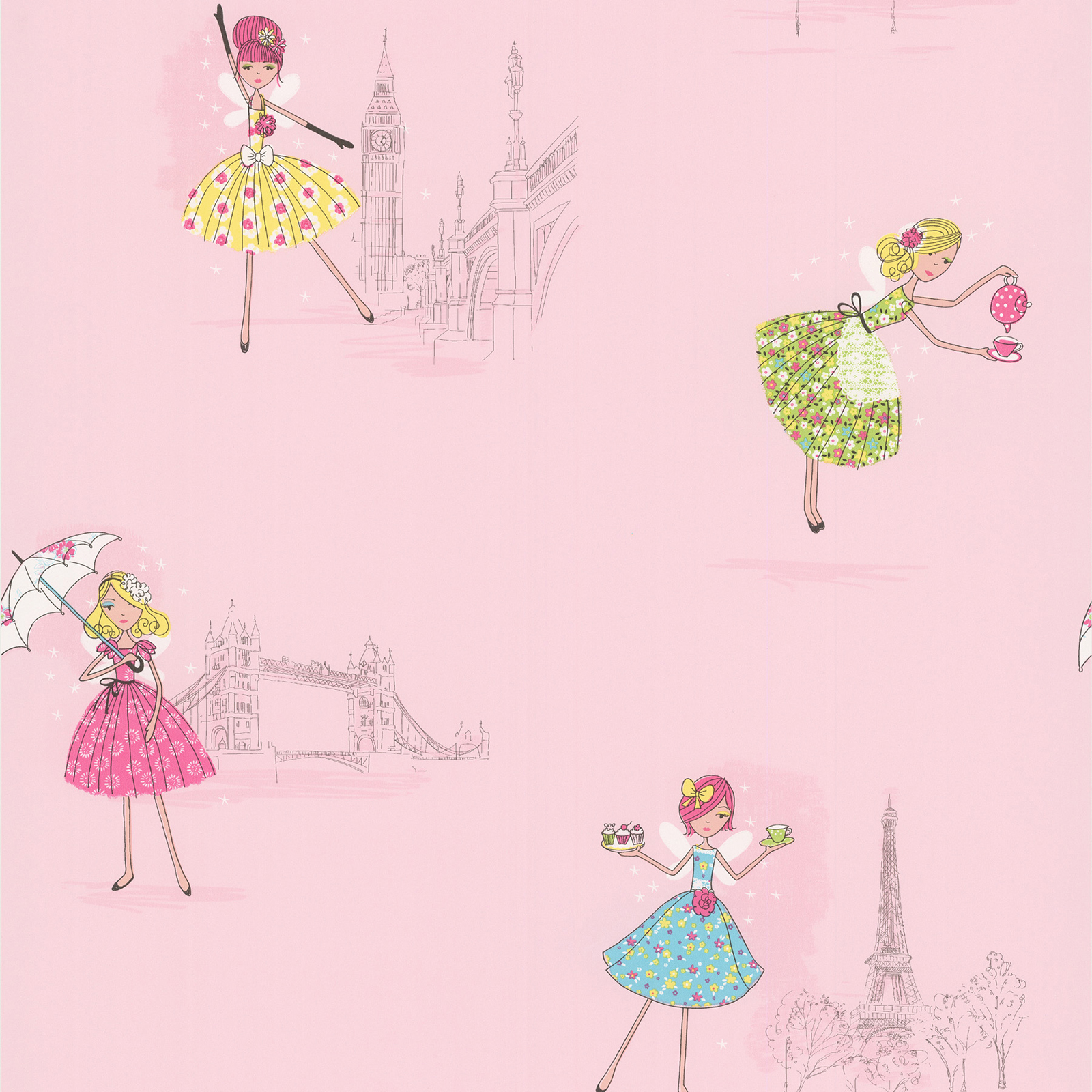 Fairy Tea Time Light Pink European Party Wallpaper