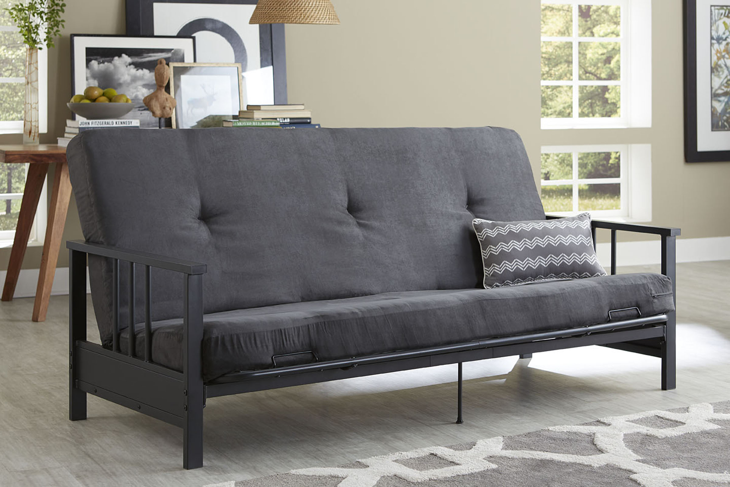 Essential Home Watson Black Metal Arm Futon with 6" Microfiber