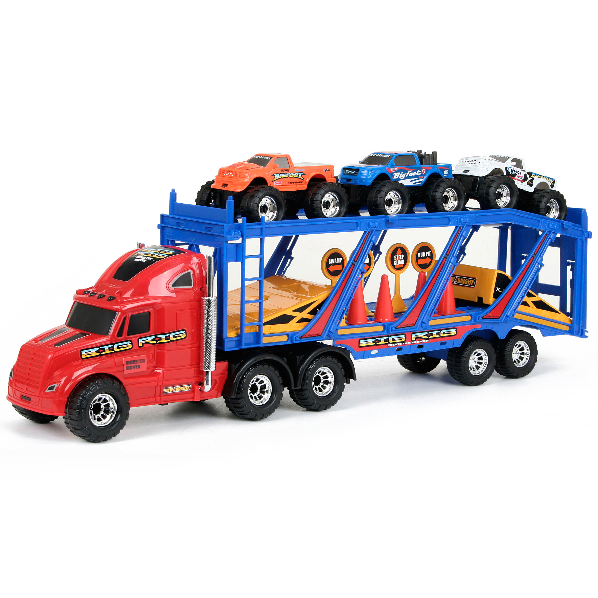 New Bright 22 Car Carrier with Three Freewheeling Bigfoot Trucks - Red