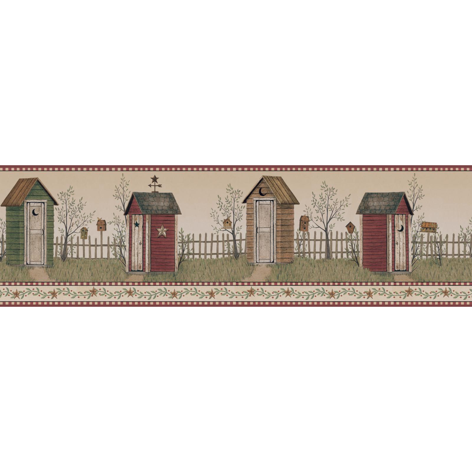 York Wallcoverings Country  Country Outhouse Border in Brown, Red, Green