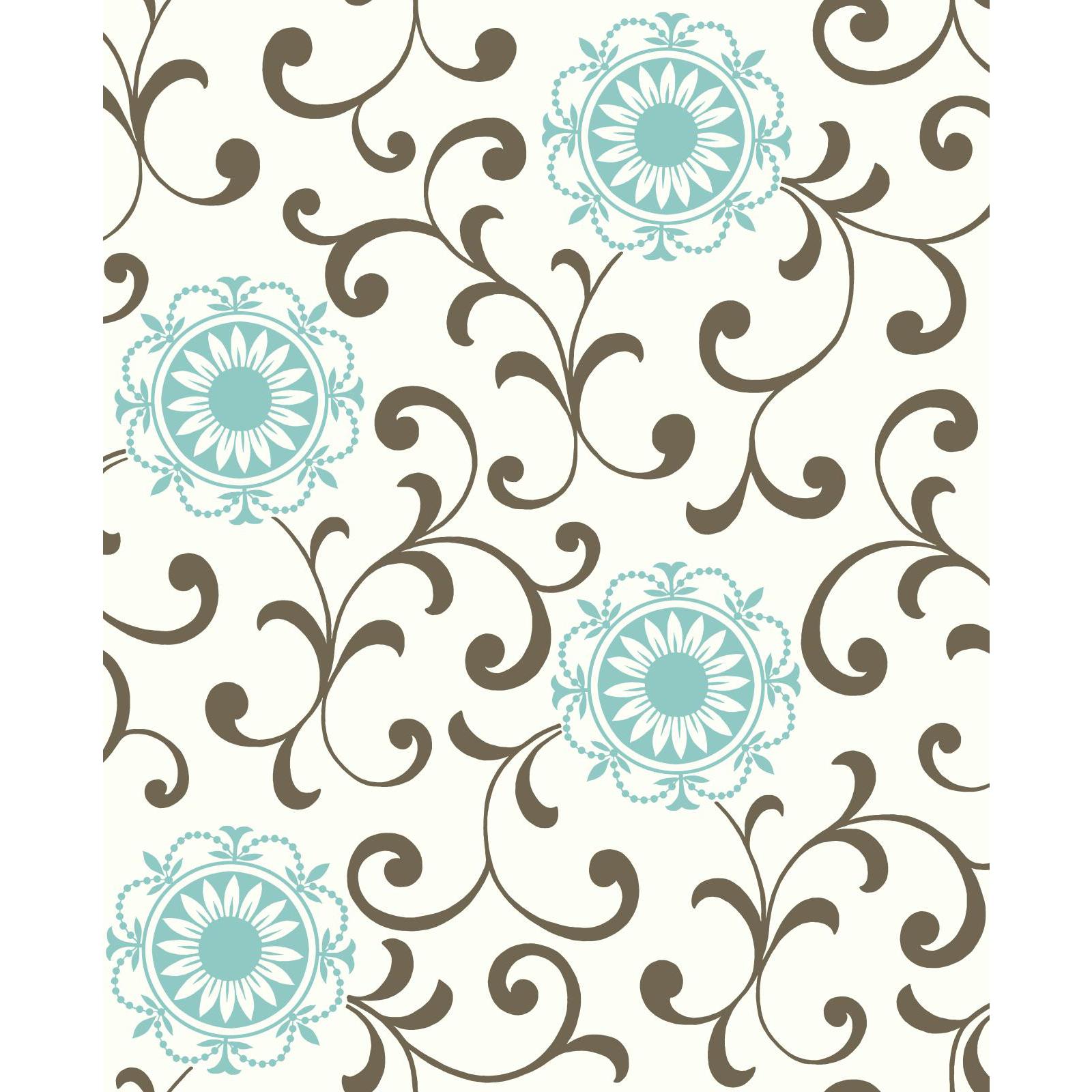 York Wallcoverings Blue  Medallion With Scroll Wallpaper in Cream, Blue, Brown