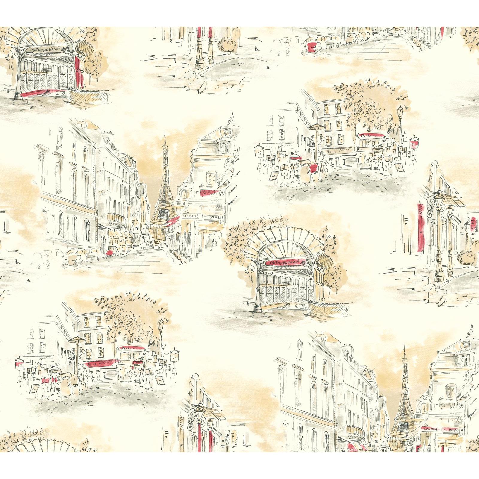 York Wallcoverings Black & White  Paris Toile Wallpaper in Cream, Taupe, Black, Rosy Red