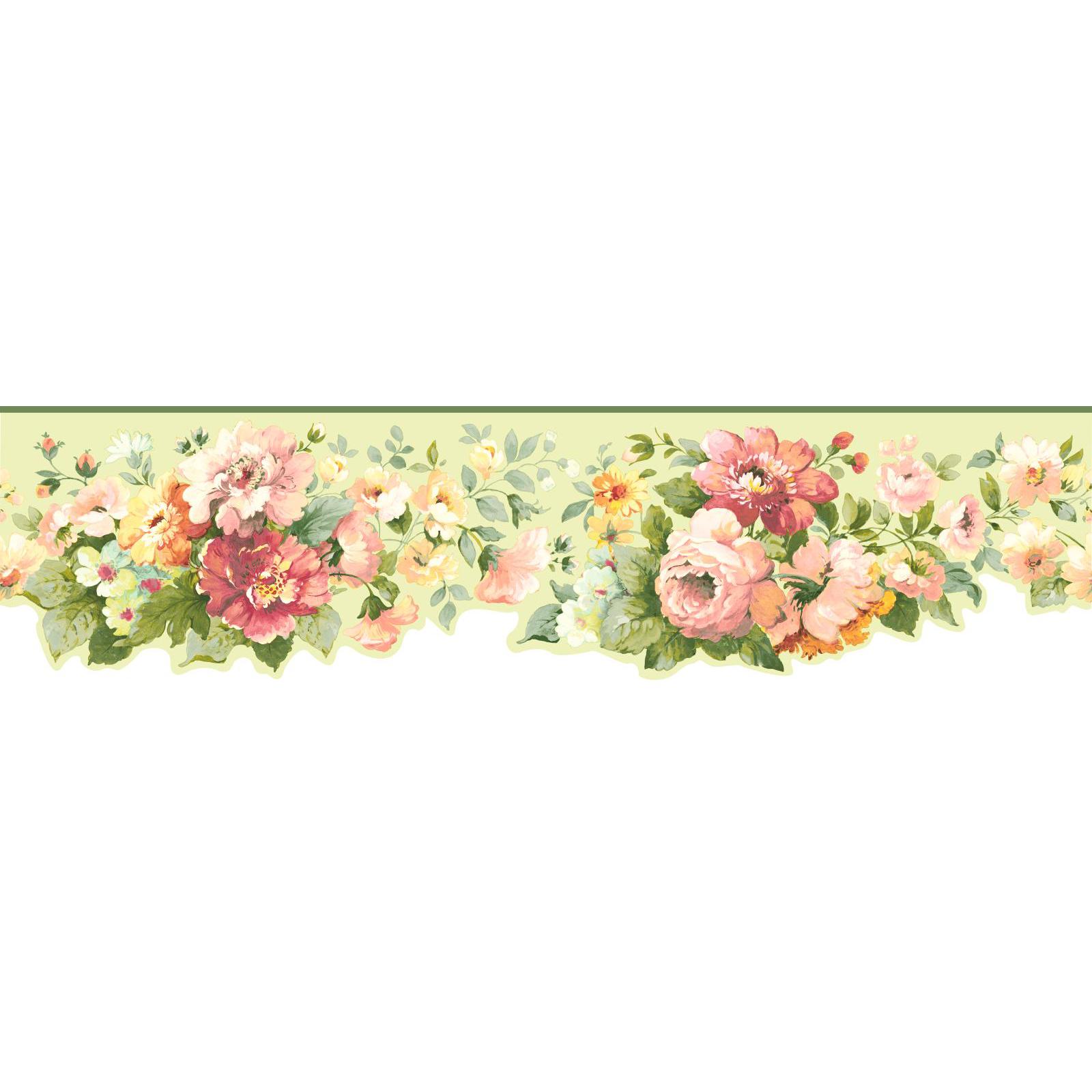 York Wallcoverings Border  Document Floral Border in Mint Green, Dark Green, Blue-Green, Peach, Pink, Rose, Yellows