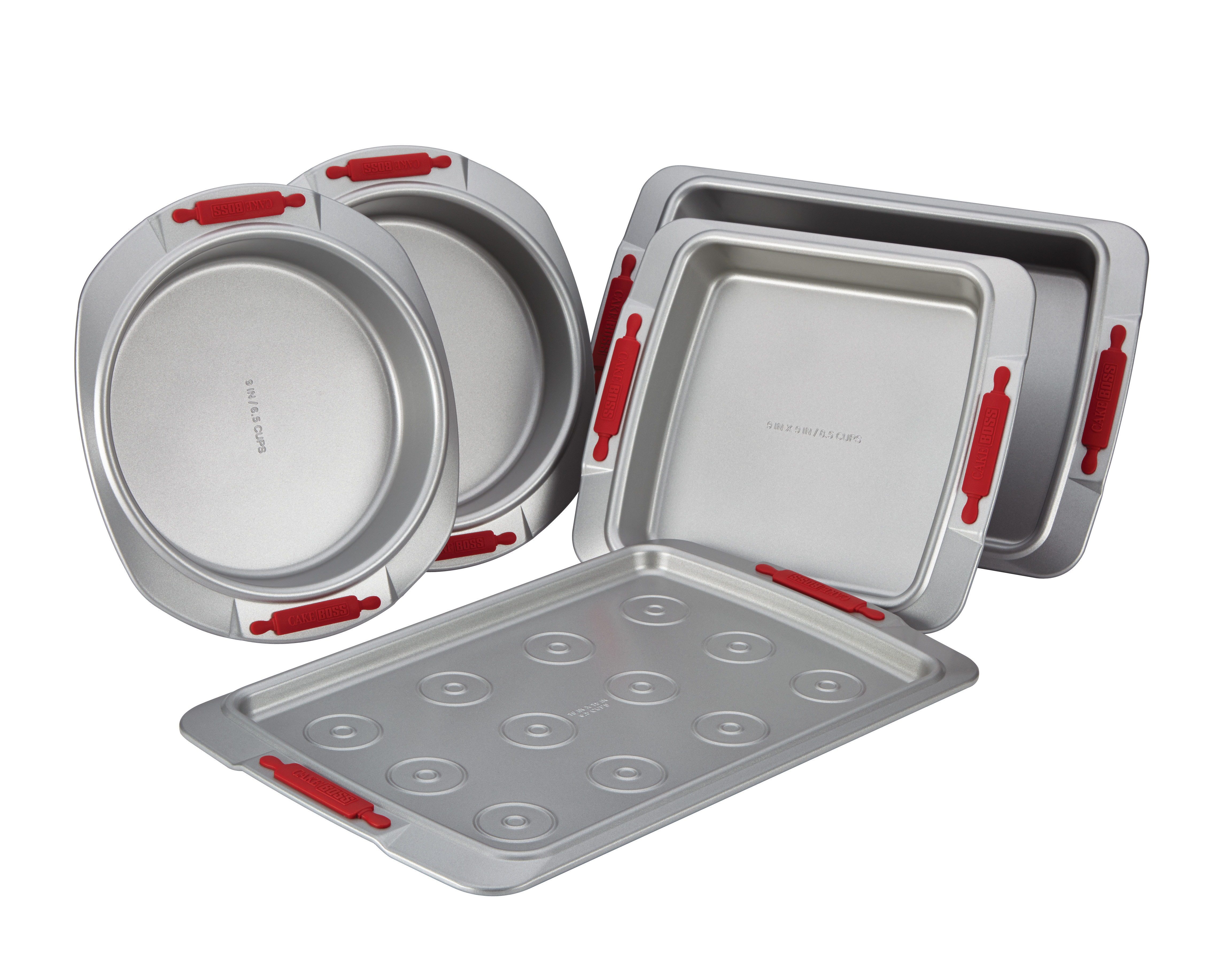 Cake Boss Deluxe Nonstick Bakeware 5-Piece Bakeware Set, Gray with Red Silicone Grips