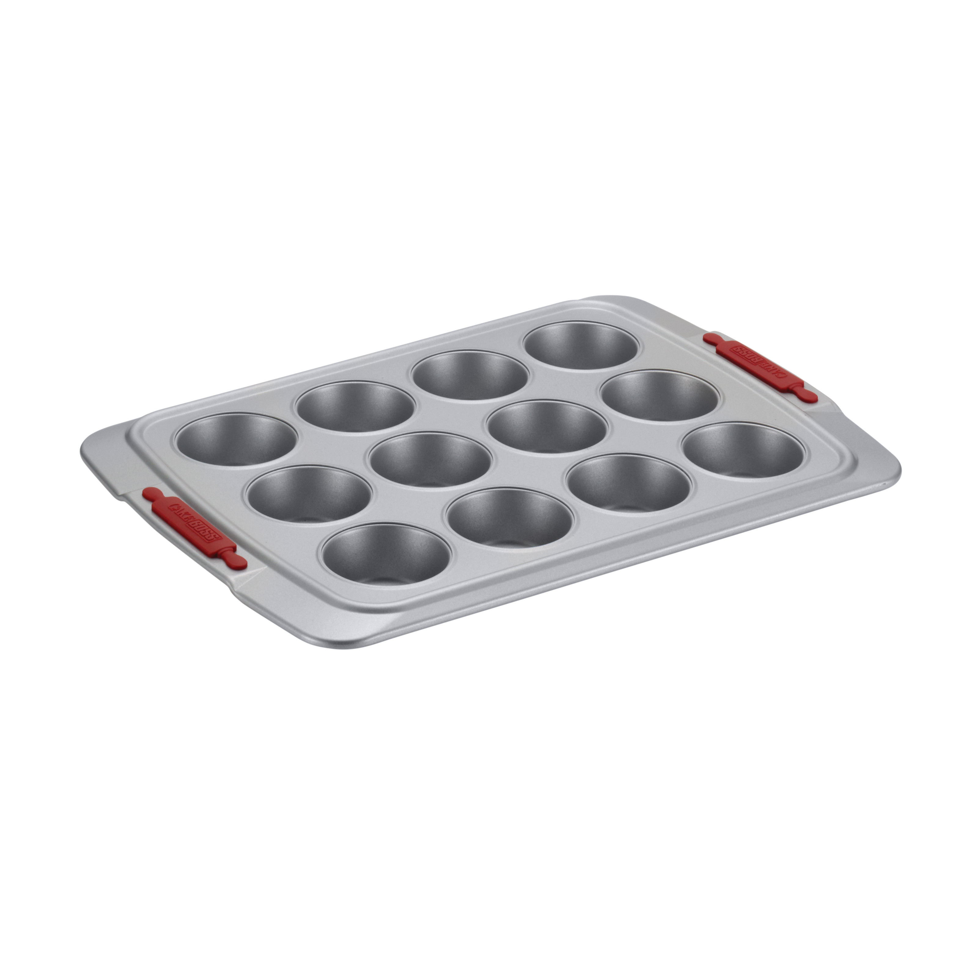 Cake Boss Deluxe Nonstick Bakeware 12-Cup Muffin Pan, Gray with Red Silicone Grips